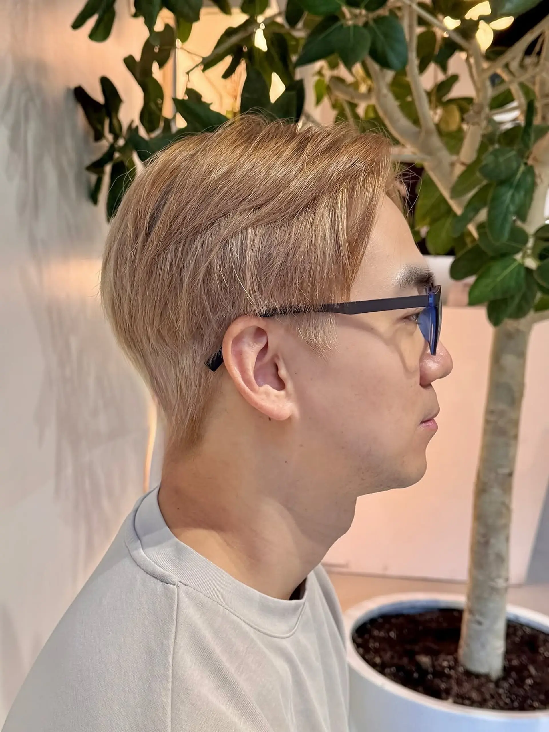 A short, tapered haircut with textured length on top and a soft, side-swept fringe, maintaining a clean silhouette around the ears and neck. 1