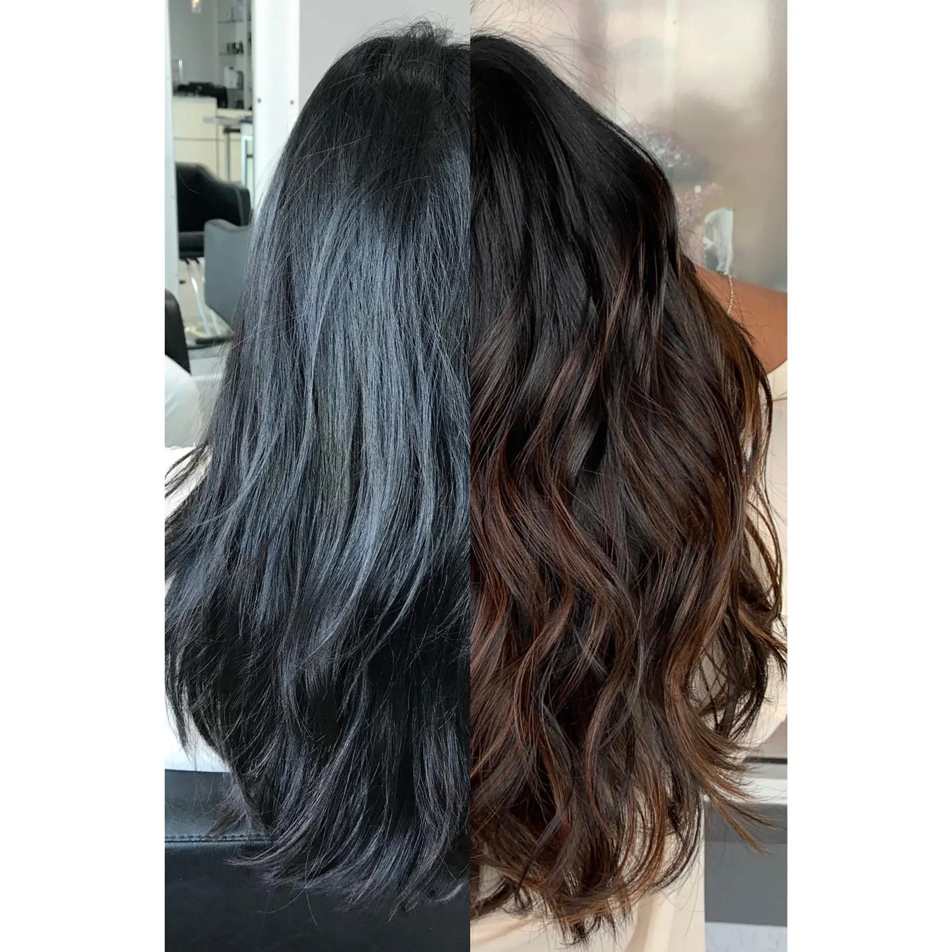 A long, wavy hairstyle featuring a chocolate swirl balayage with a dark to light color transition. 1