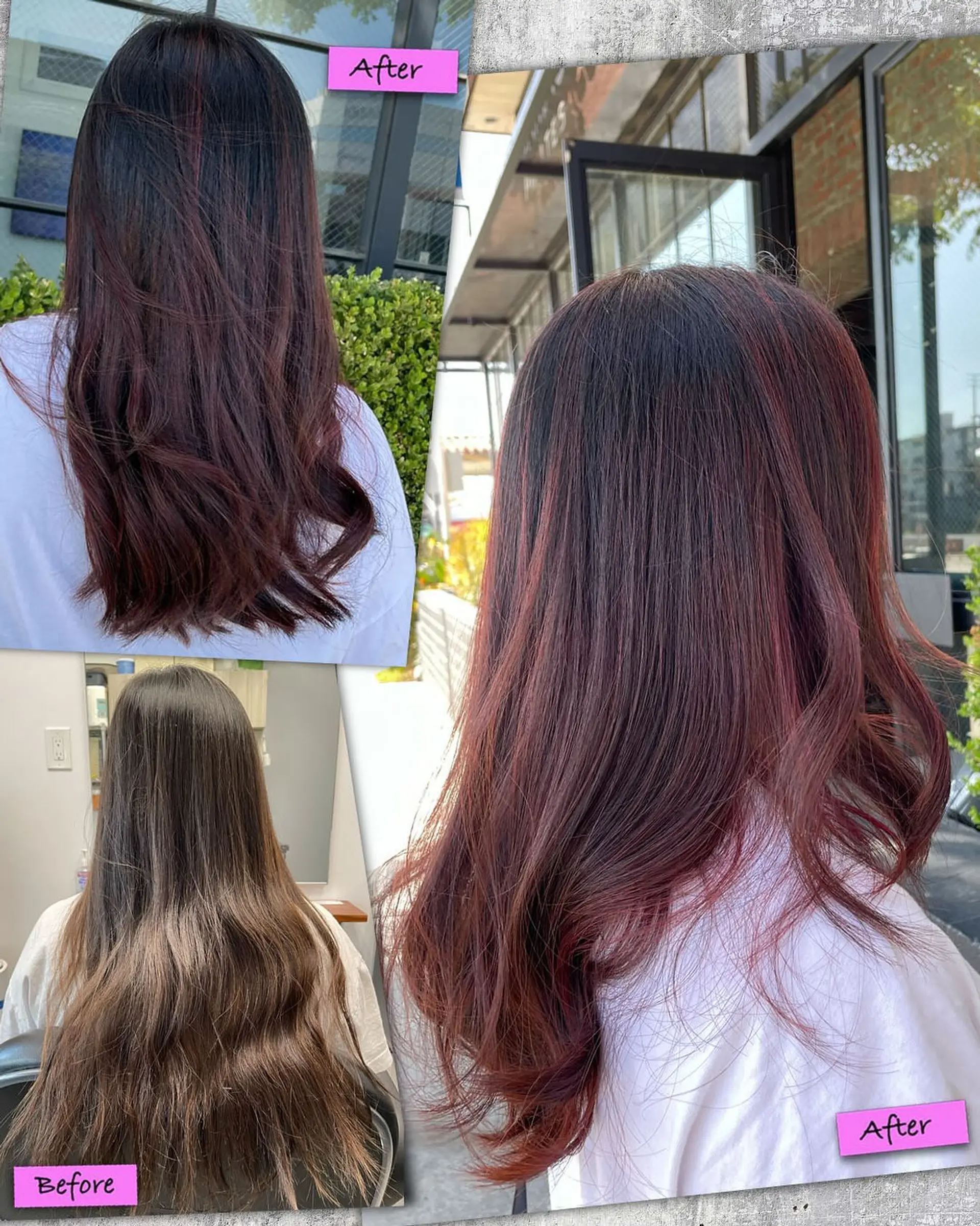 Long layered dark hair transformed with dark red and burgundy balayage highlights styled with soft waves. 1