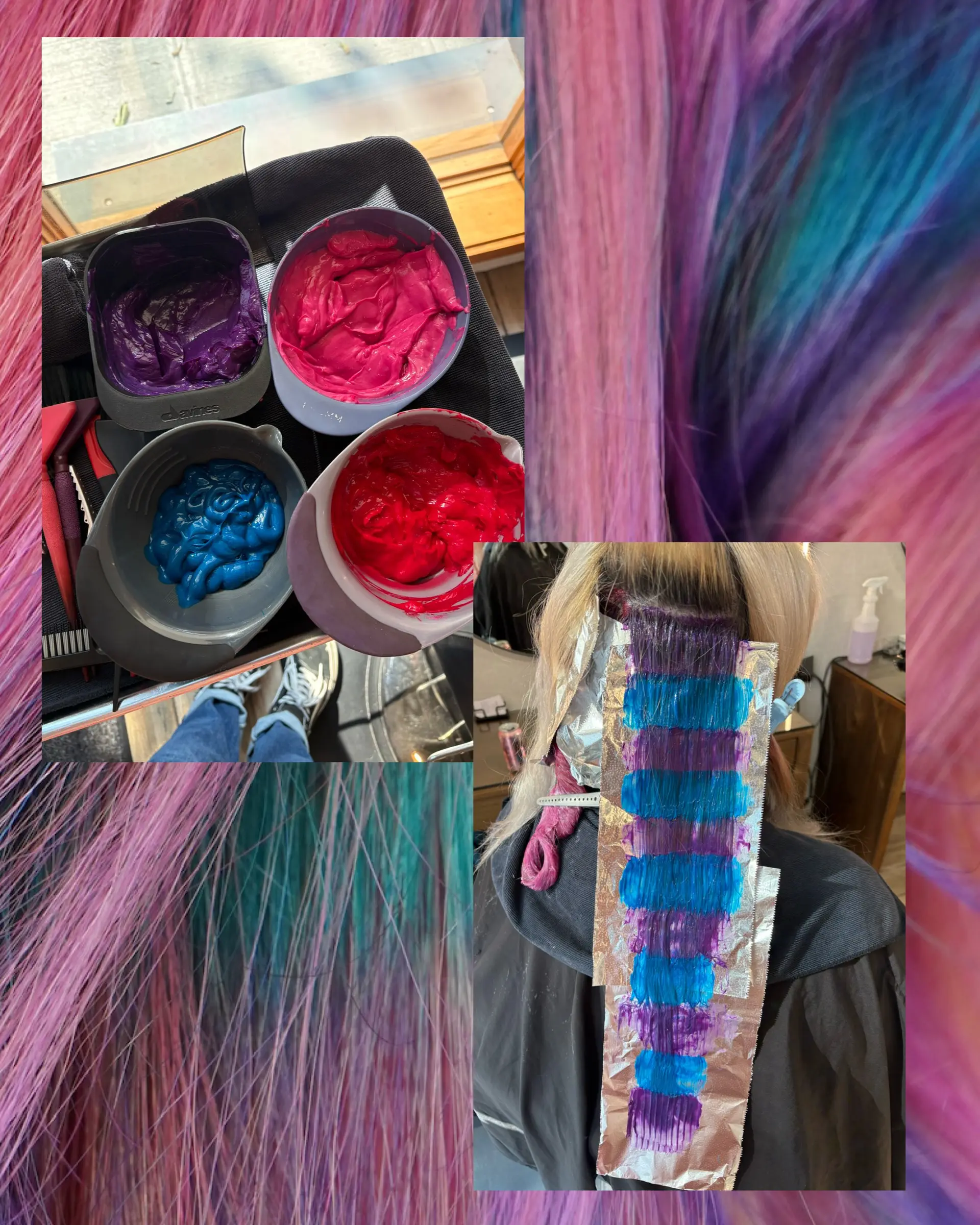 A multi-shade cotton candy vivid color creation blending bright pink, purple, and teal blue tones. 1