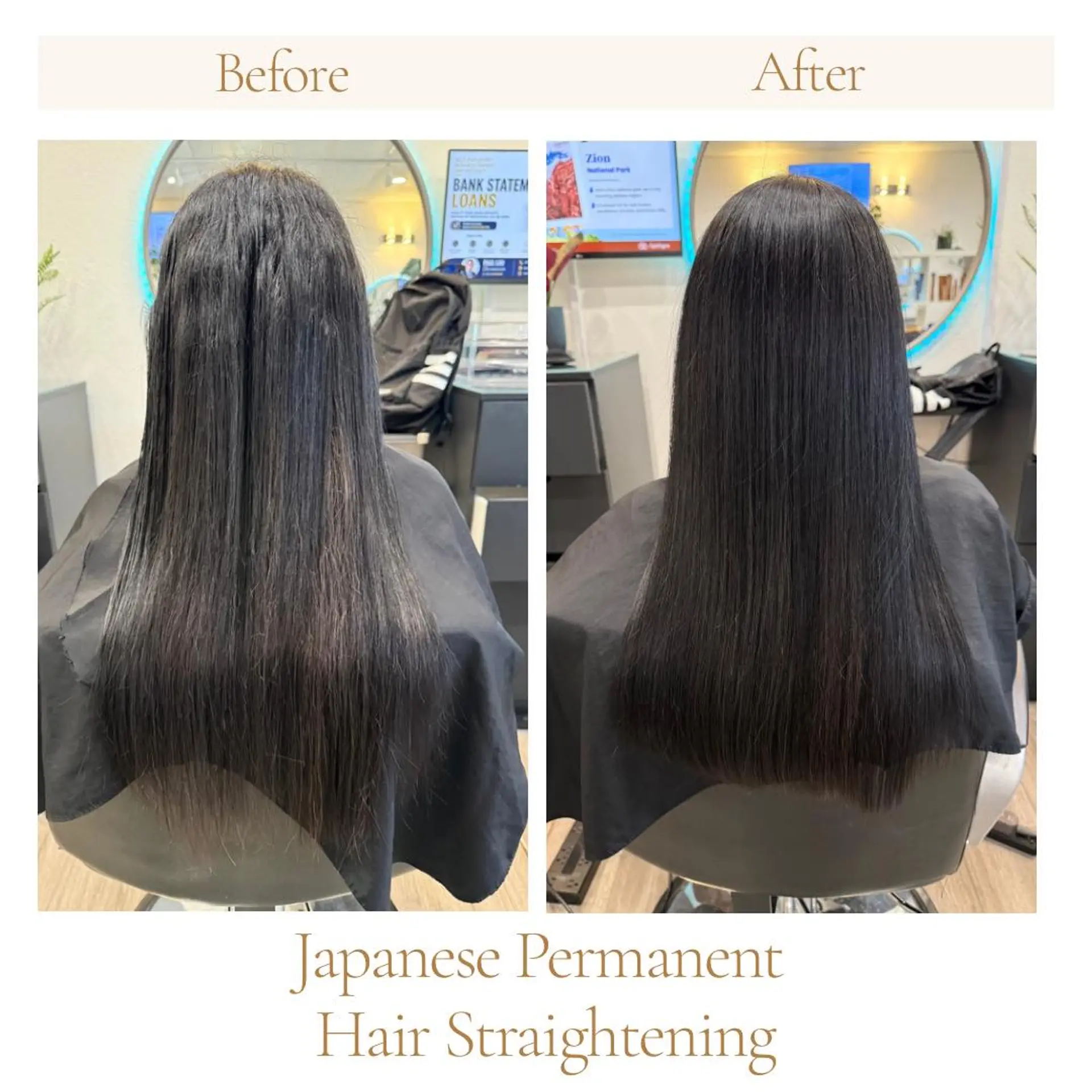 Sleek and pin-straight long dark hair achieved through permanent Japanese hair straightening. 1