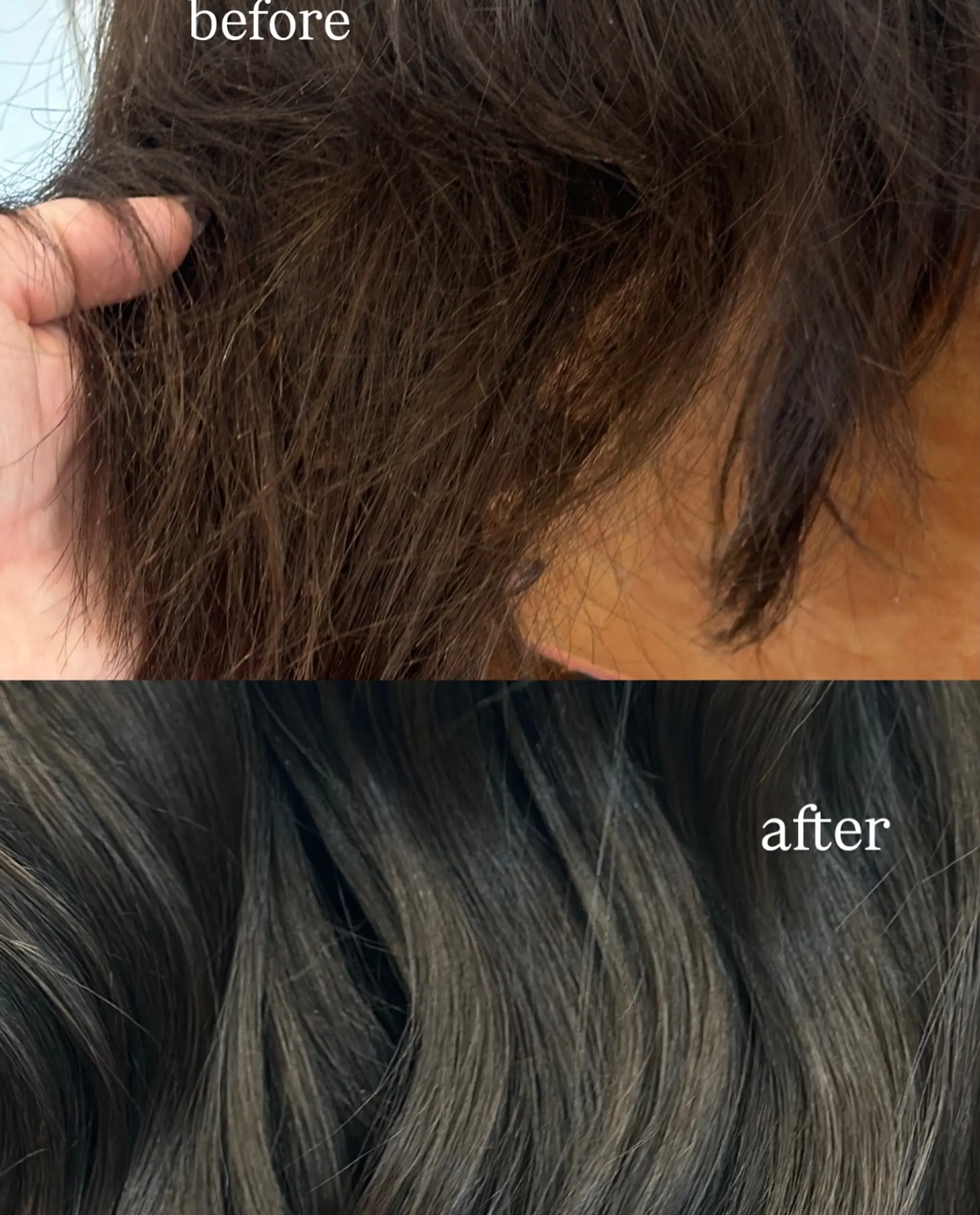 A before-and-after transformation taking dry, frizzy brown hair to deeply conditioned, glossy dark brunette waves. 1