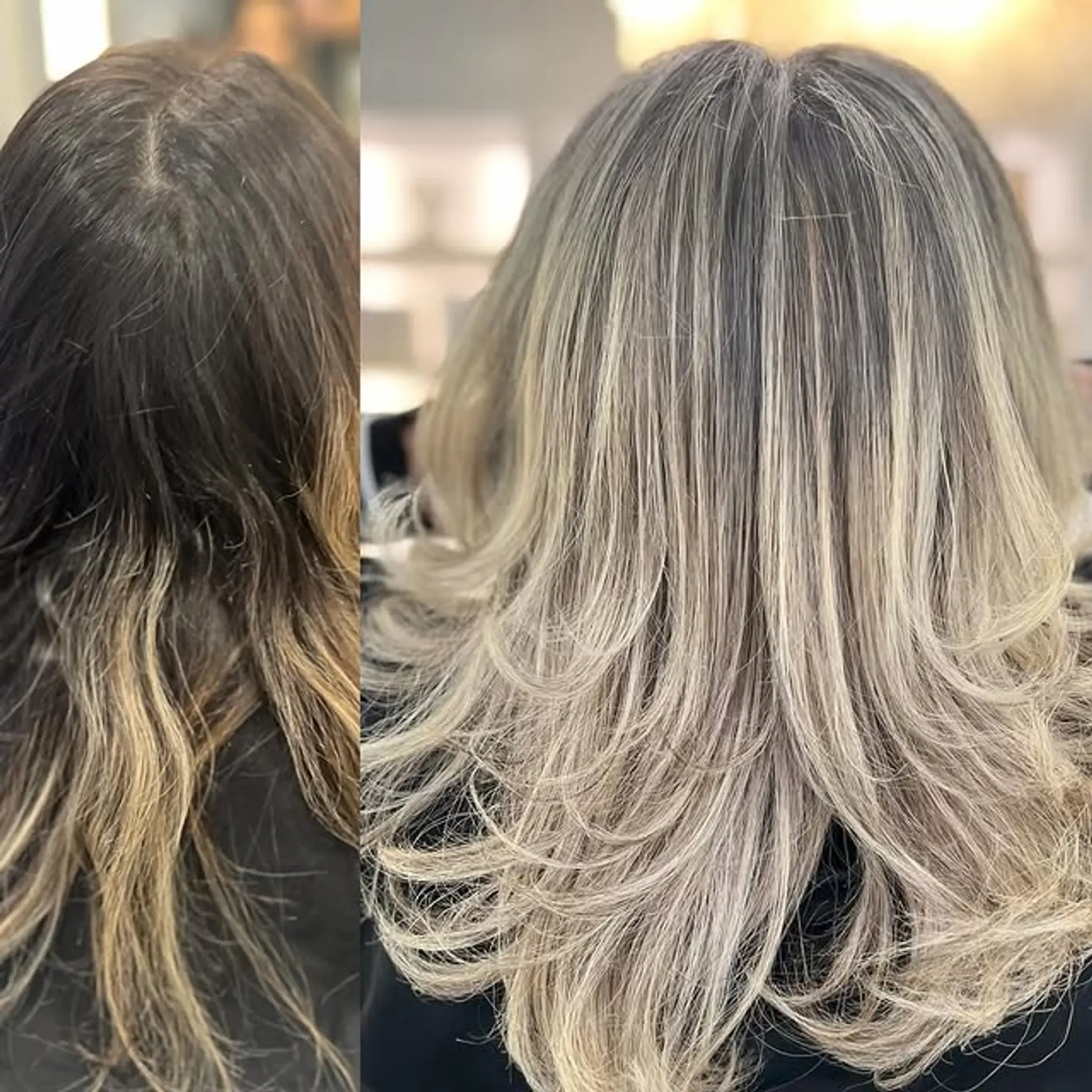 Medium-length layered cut with blonde balayage highlights. 1