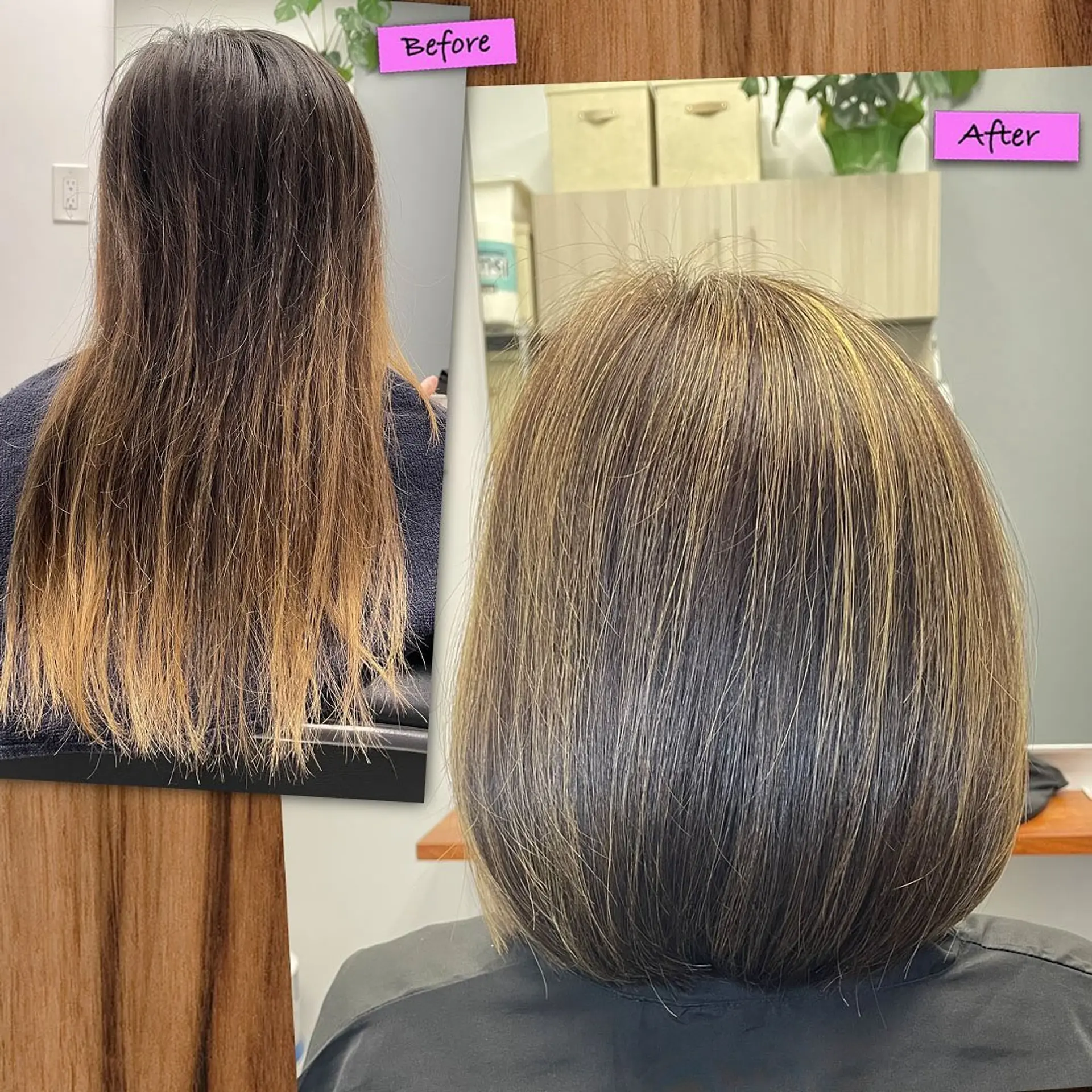 A dramatic before-and-after haircut and color transformation showcasing a chic, curved bob with fine dimensional blonde highlights. 1