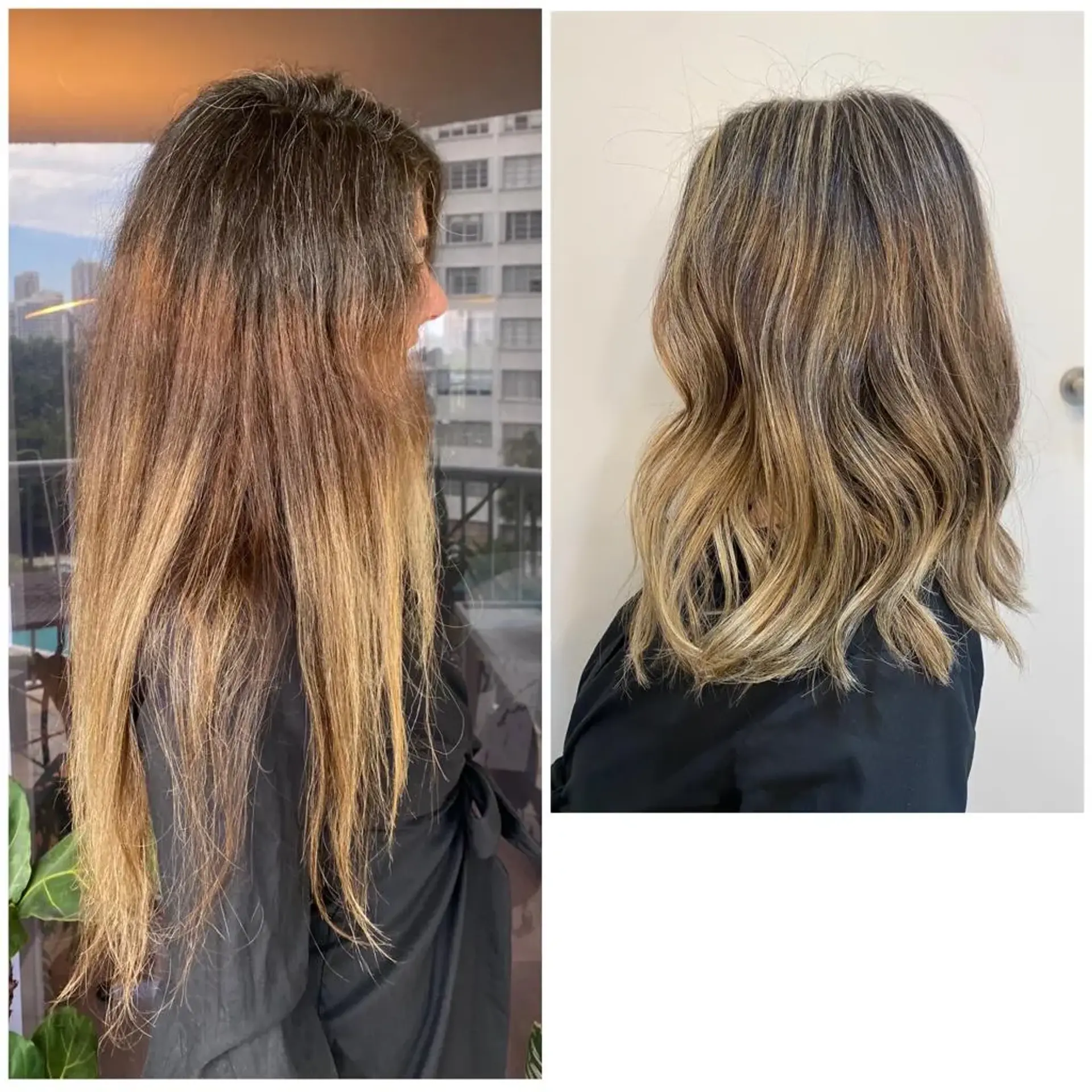 A textured, collarbone-length lob styled in soft waves featuring dimensional cool-toned highlights seamlessly blended into a natural dark base. 1