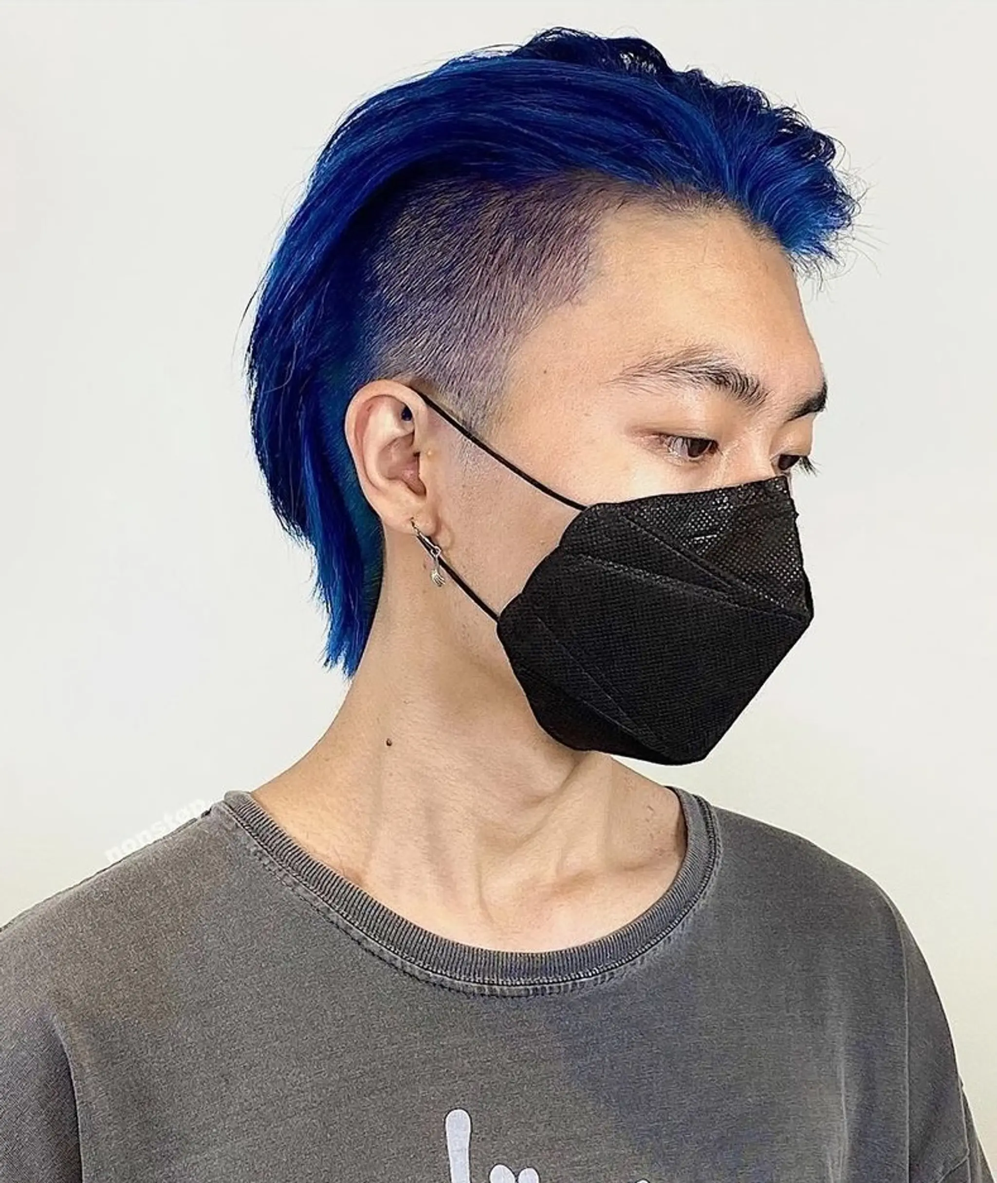 A striking hairstyle featuring a vivid blue medium-length top, with closely shaved sides and back in a sleek undercut. The blue hue adds a bold touch, while the straight texture ensures a sleek and polished look. 🫐 Ocean Blue by BEN