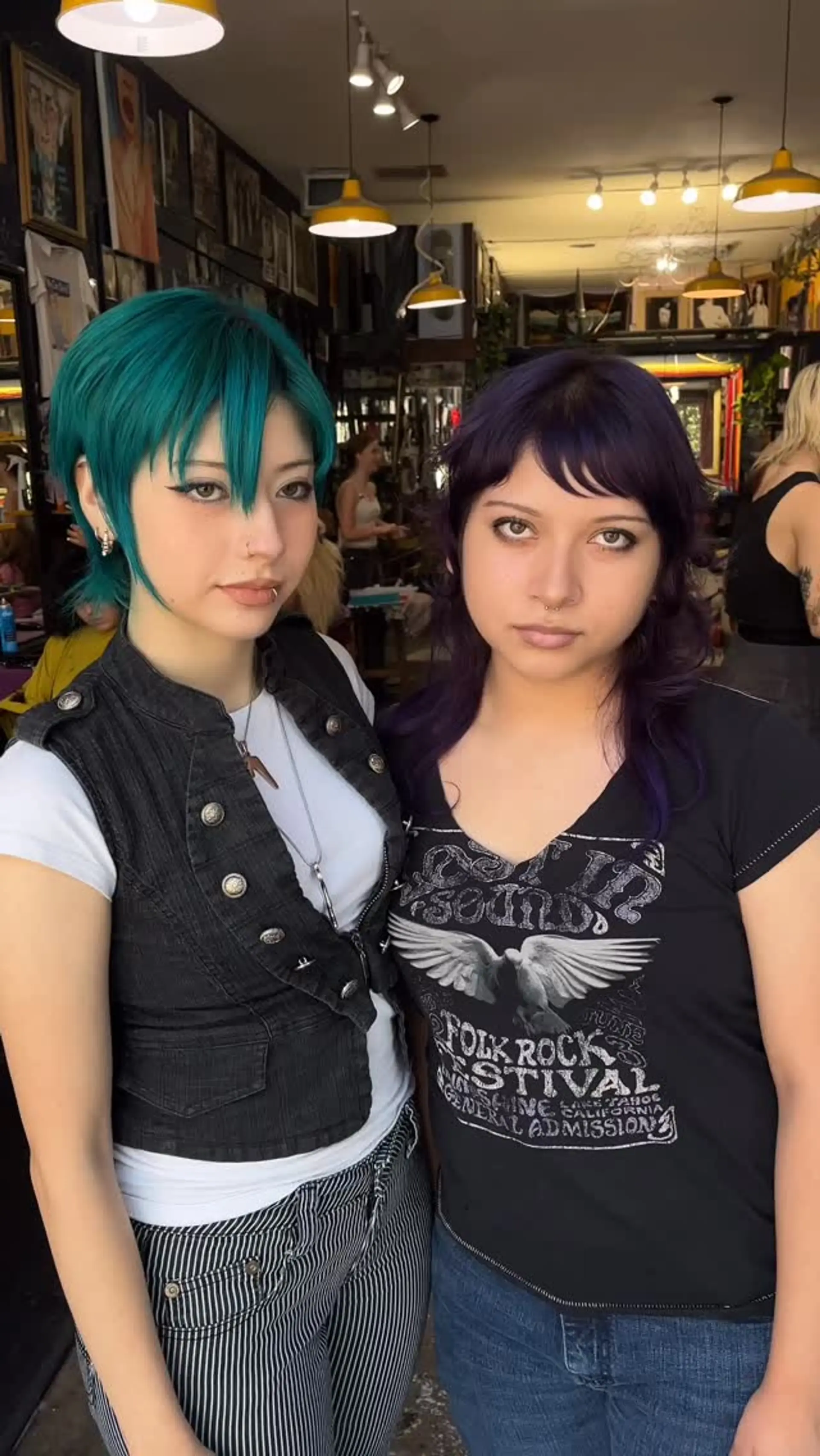 Alternative textured cuts featuring a vivid teal pixie mullet with piecey bangs and a deep purple layered shag with micro bangs. 1