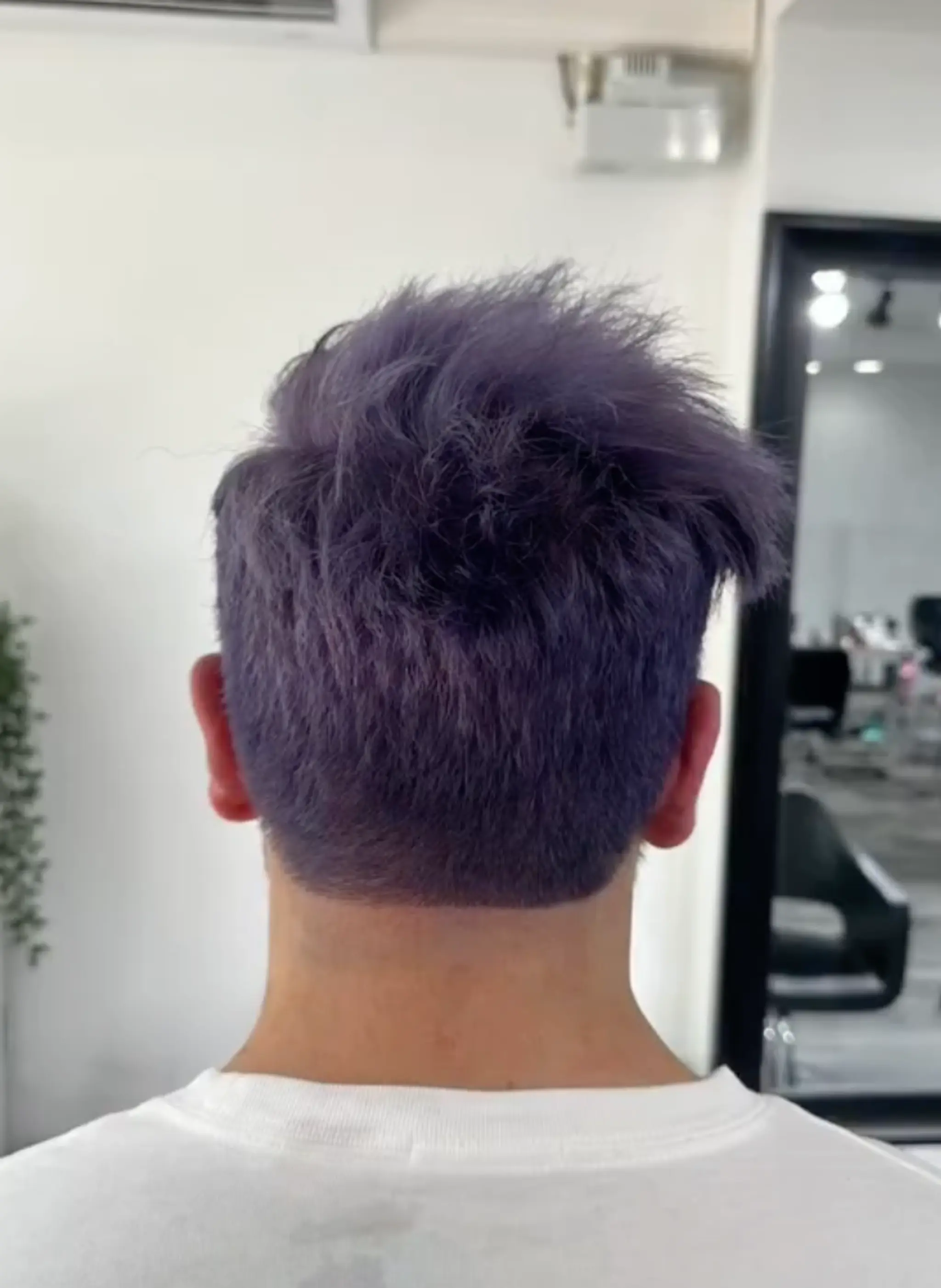 A vibrant short hairstyle with a purple color. The hair is straight and has a textured top, styled upward with a spiky effect, combined with neat side fades. 3