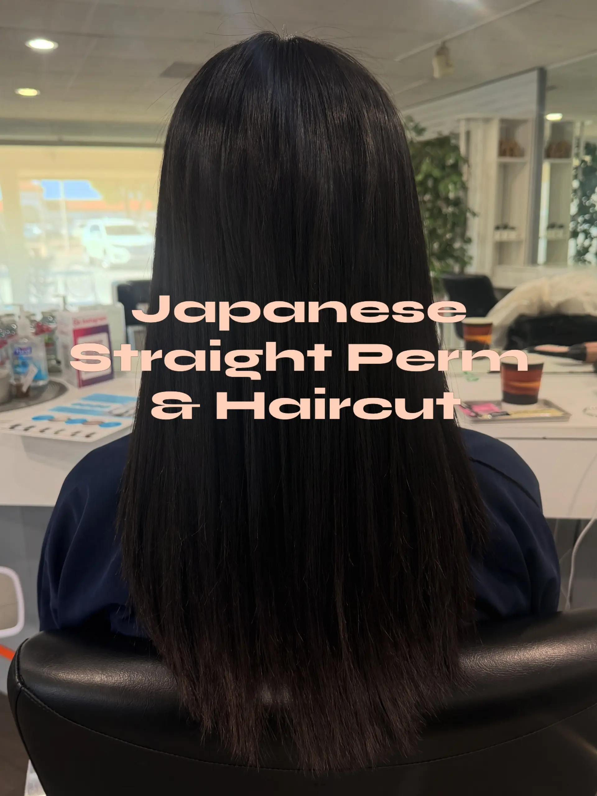 Ultra-sleek, pin-straight long dark hair falling down the back with a smooth, glossy finish. 1