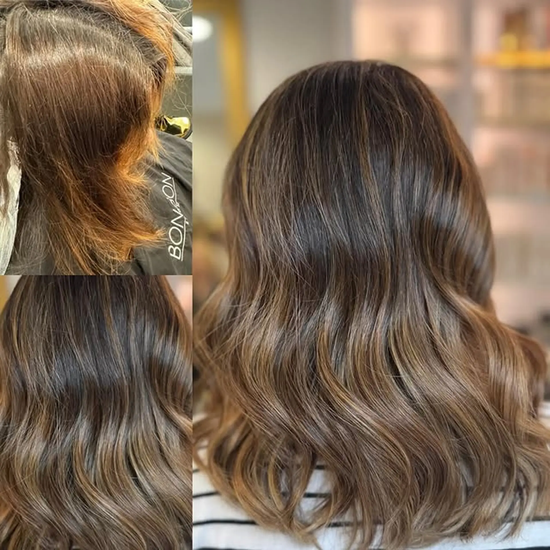 A medium-length wavy hairstyle with caramel balayage. 1