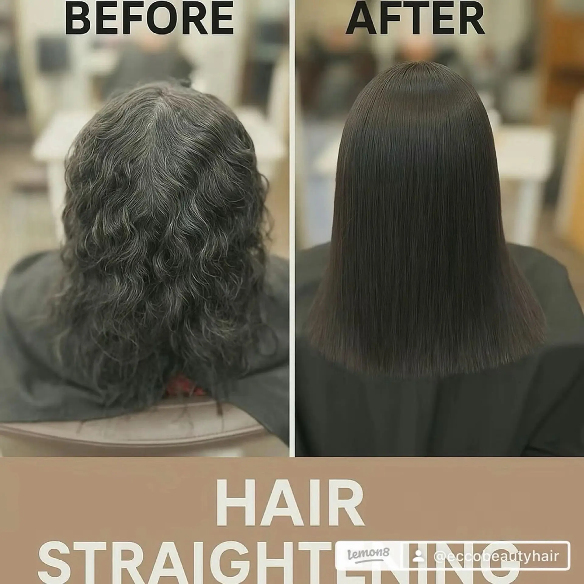 A sleek, glossy medium-length straight hairstyle shown as a before-and-after smoothing transformation. 1