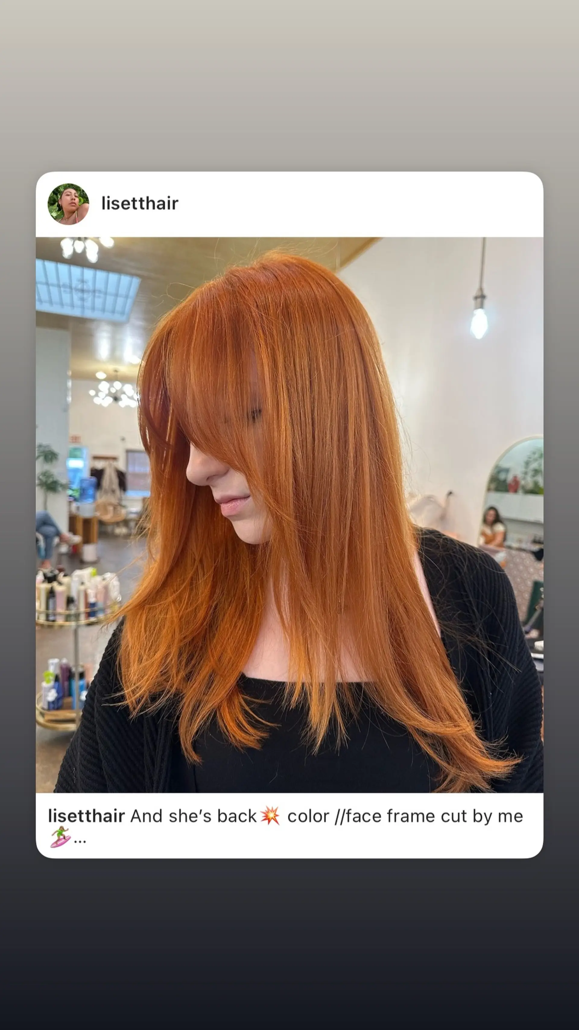 A vibrant copper hairstyle with straight texture, featuring full bangs and layered face framing. 1
