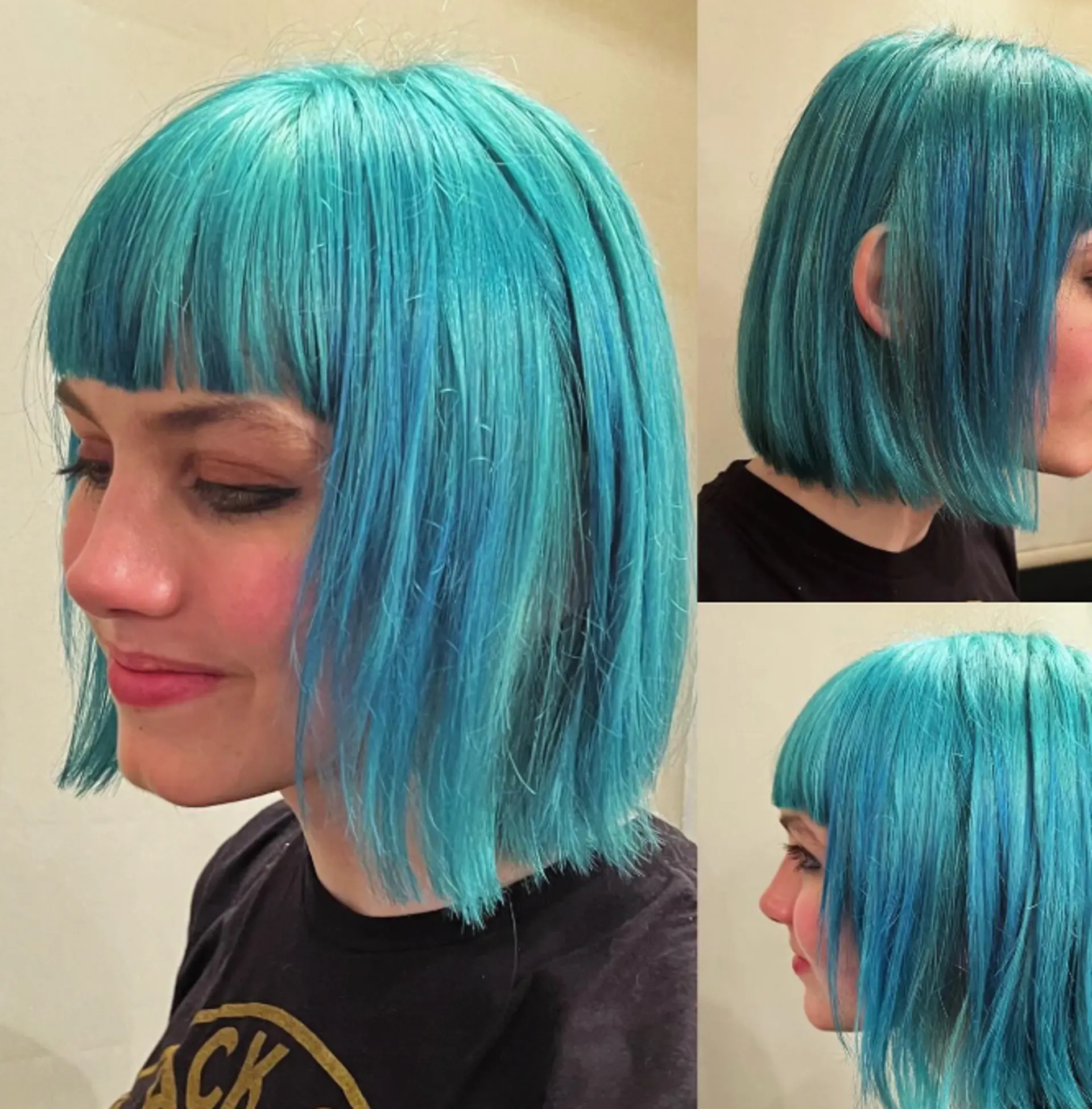 A stylish bob with blunt bangs, featuring a vivid aqua and blue color. 1