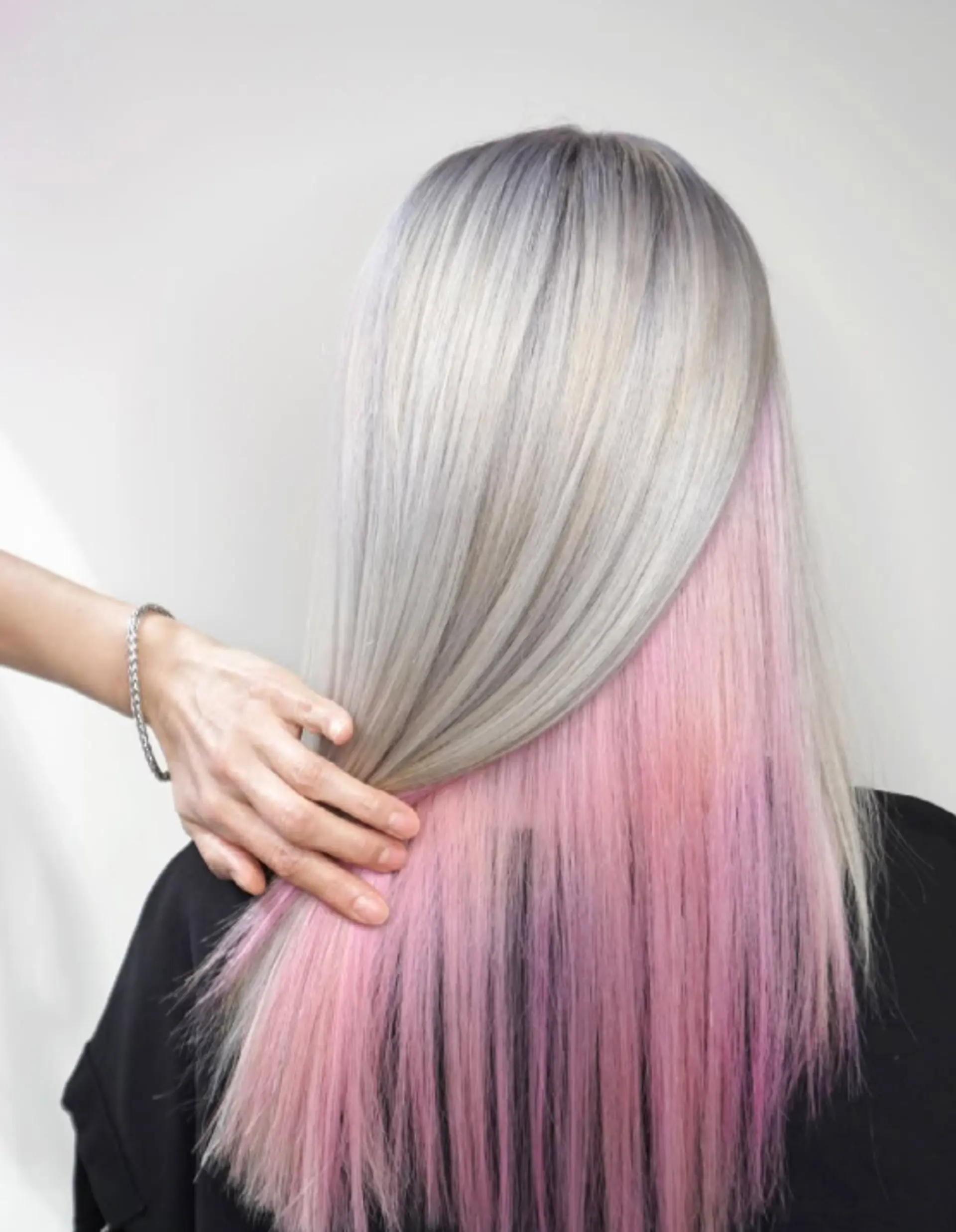 Straight, long hair with a hidden vibrant color underneath. 1