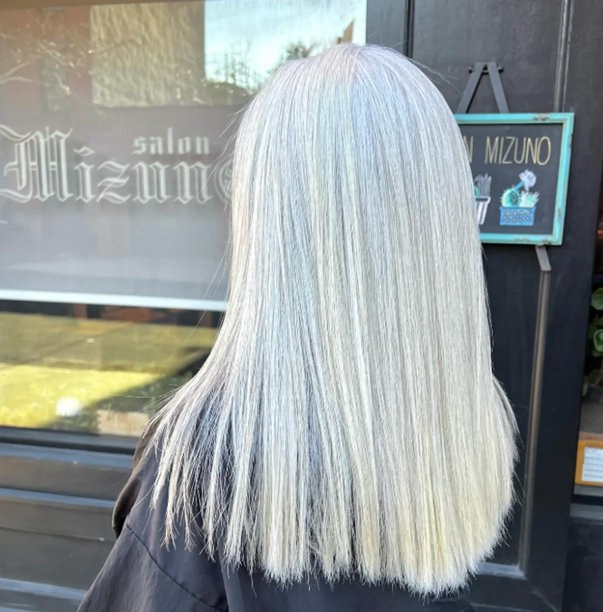 Long, straight hairstyle with an icy blonde/silver/white color. 1
