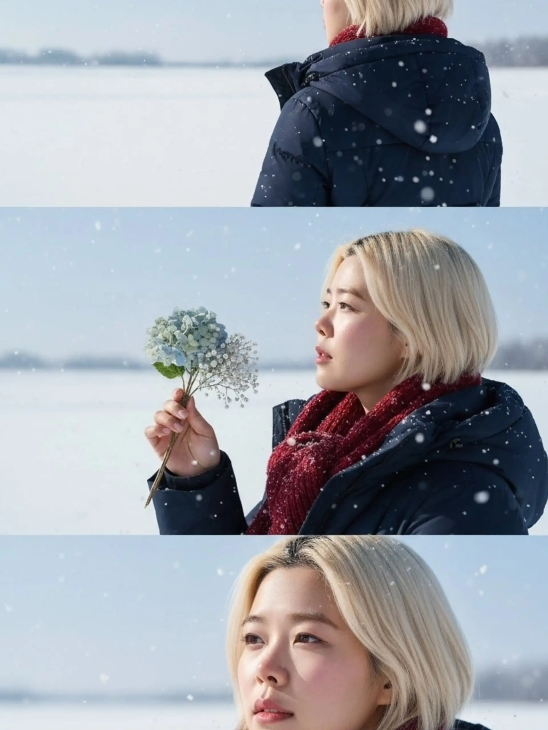 A sleek, chin-length blunt bob colored in an icy platinum blonde tone with a middle part. 1