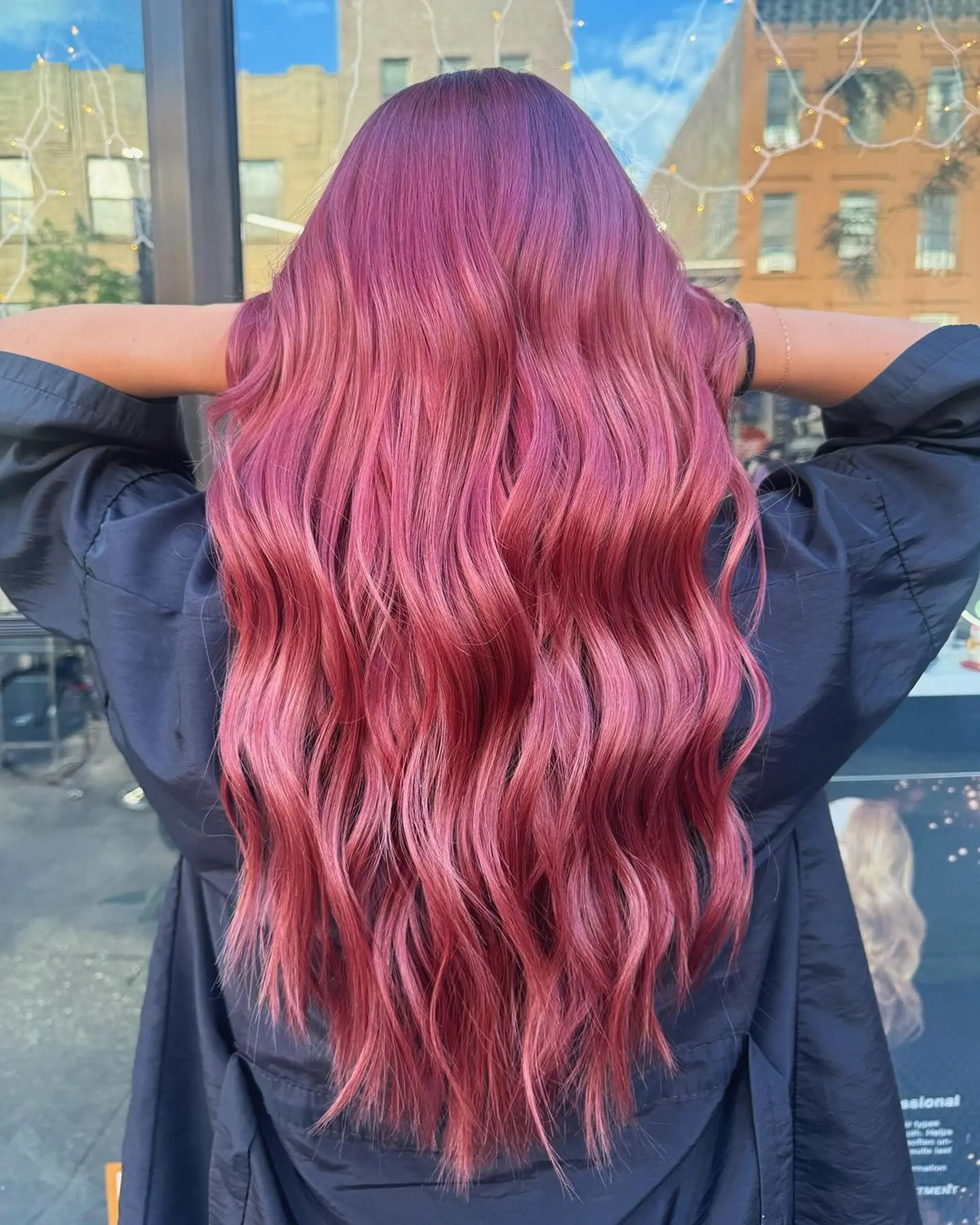 Very long, wavy hair with a rich magenta to pink gradient and loose waves.
Stylist - @xcellent_jason