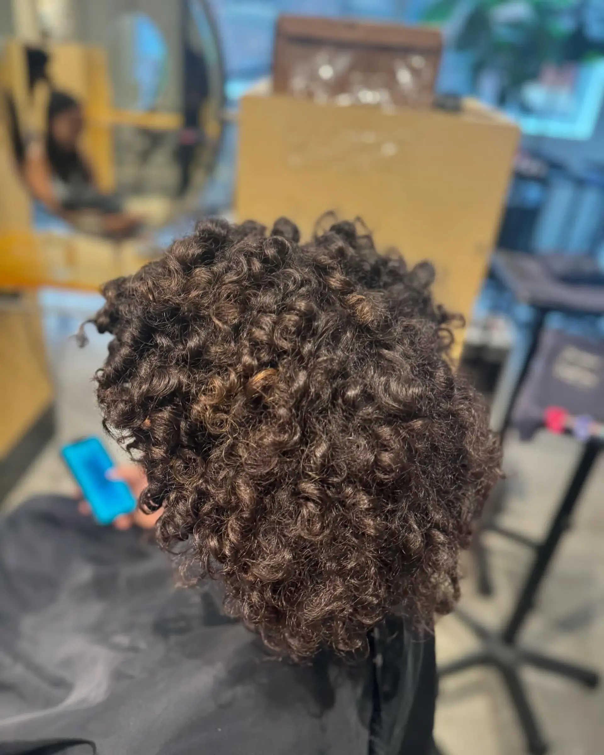 Voluminous, tightly coiled hair styled with definition, shine, and subtle warm red-brown undertones. 1