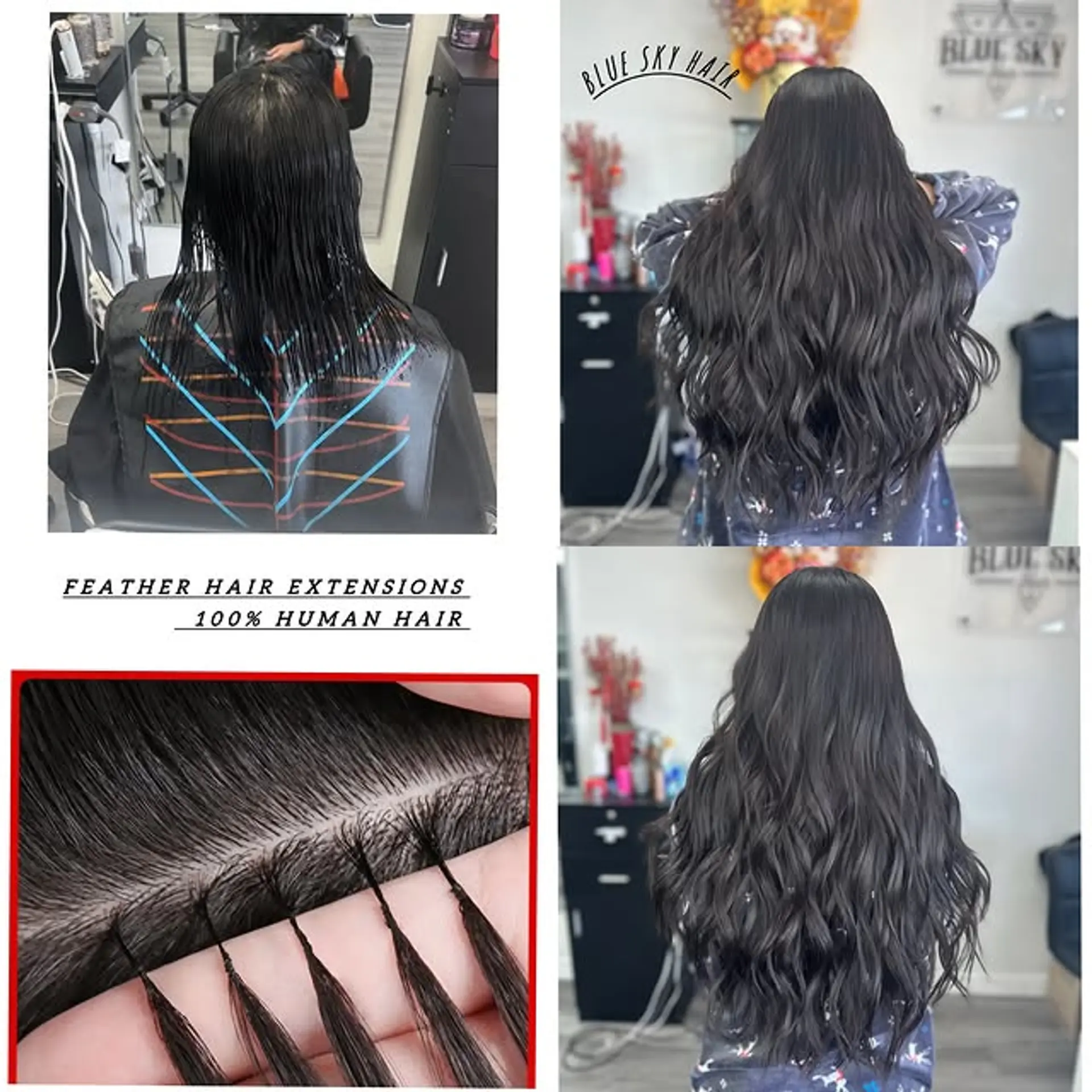 Long, wavy hairstyle enhanced with feather hair extensions for added volume and length. 1