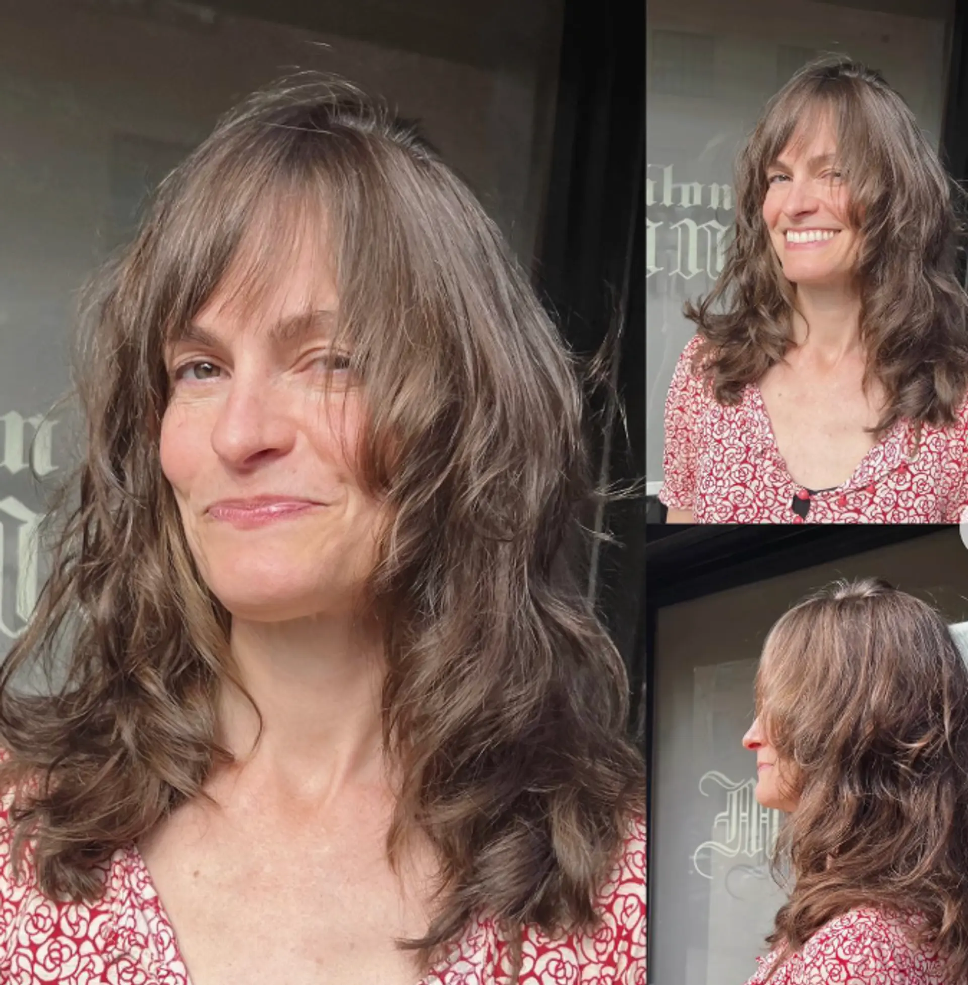 This hairstyle features soft, layered waves and face-framing curtain bangs for an effortless, natural look. 1