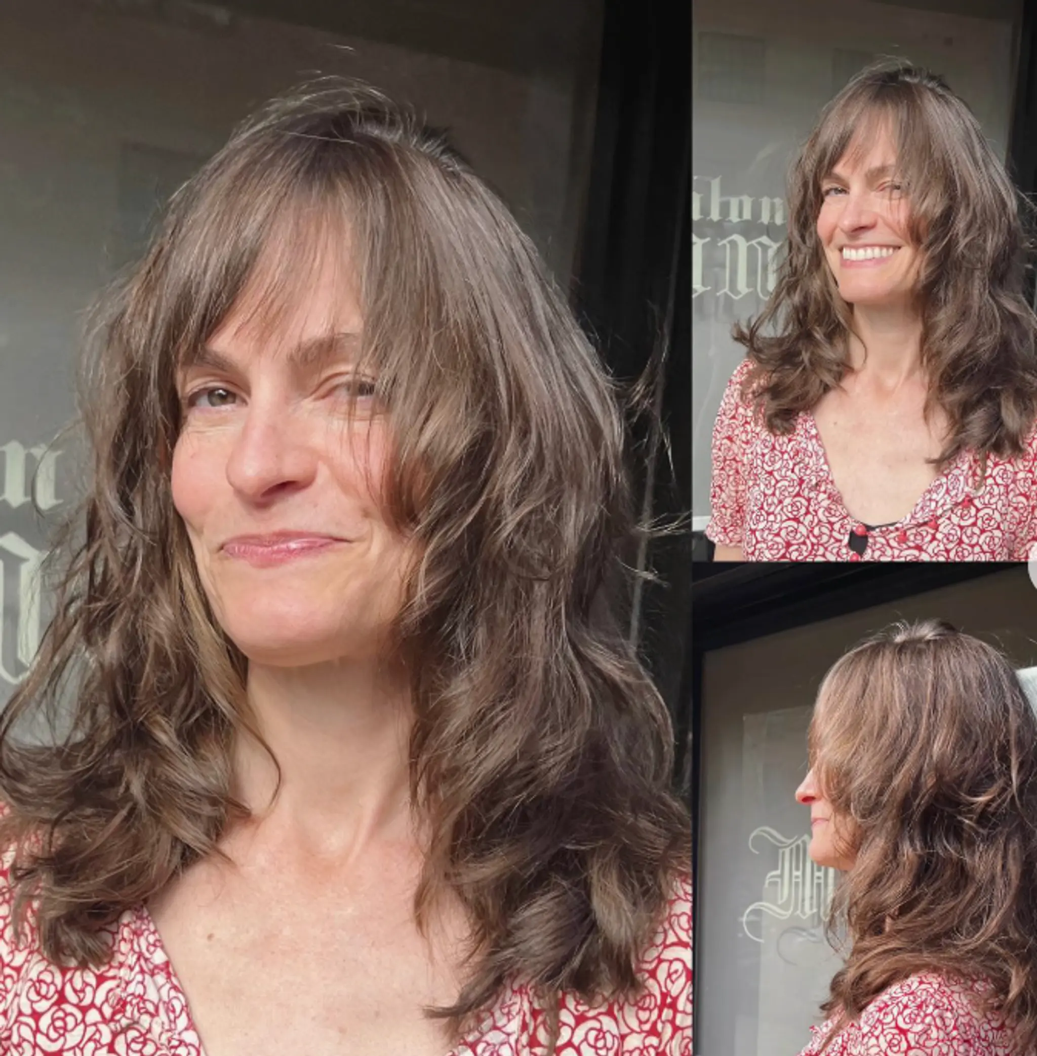 This hairstyle features soft, layered waves and face-framing curtain bangs for an effortless, natural look.