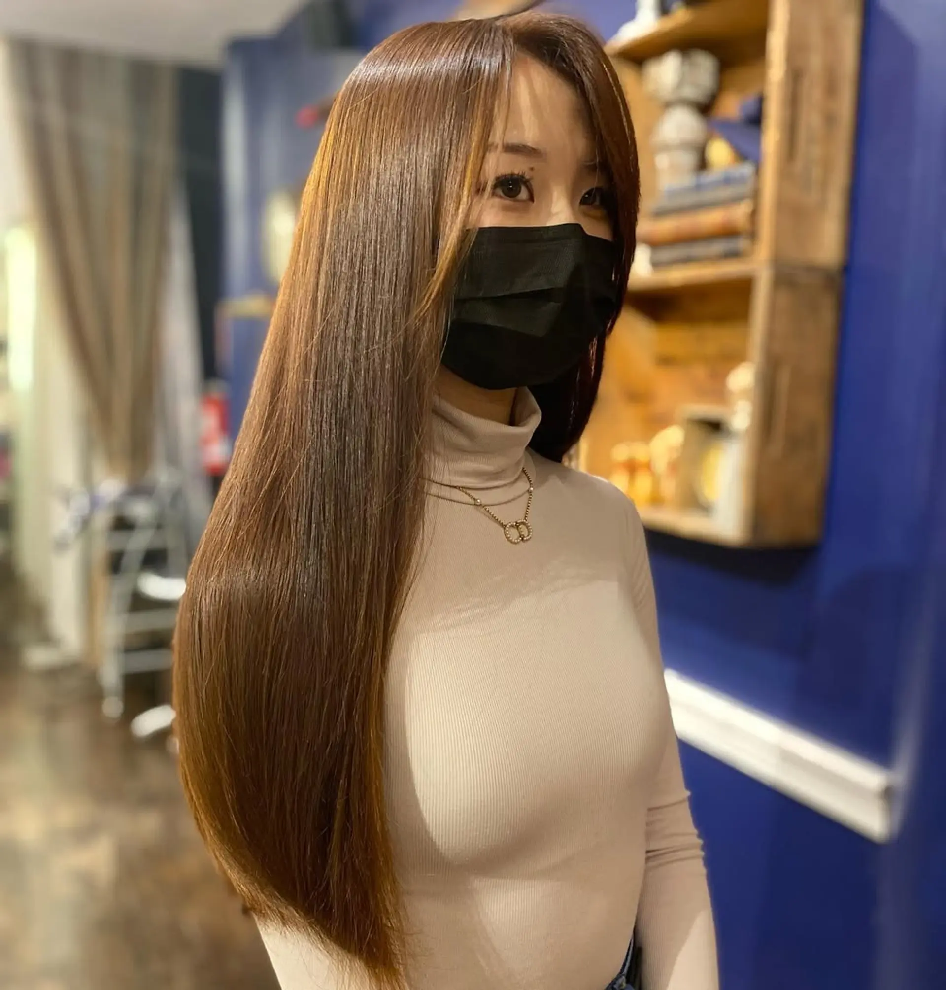 Long, straight, chestnut brown hair with a smooth finish and subtle layers, providing a natural, shiny look.

Color by Kaori. Style by Taka. 1