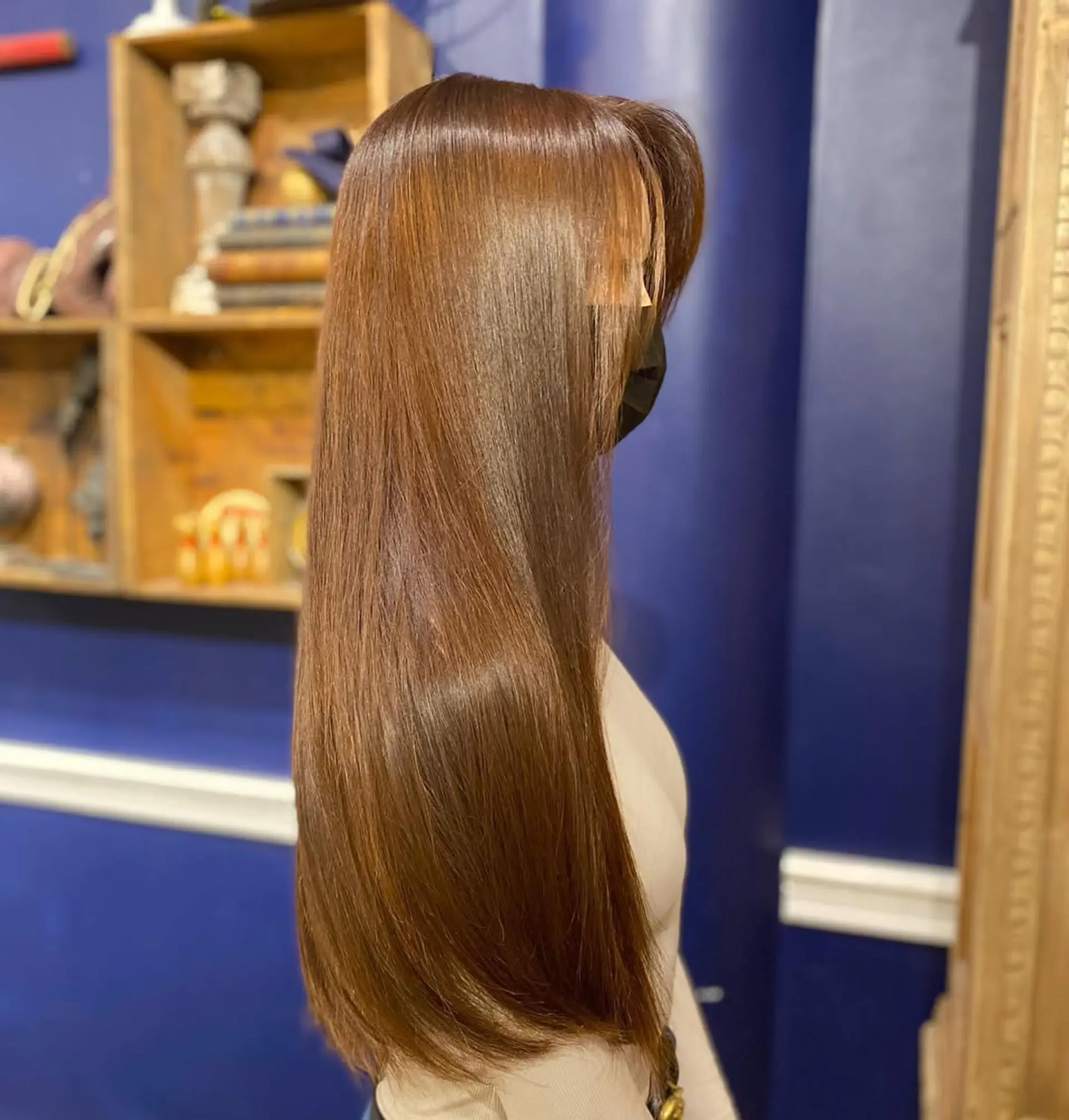 Long, straight, chestnut brown hair with a smooth finish and subtle layers, providing a natural, shiny look.

Color by Kaori. Style by Taka. 2