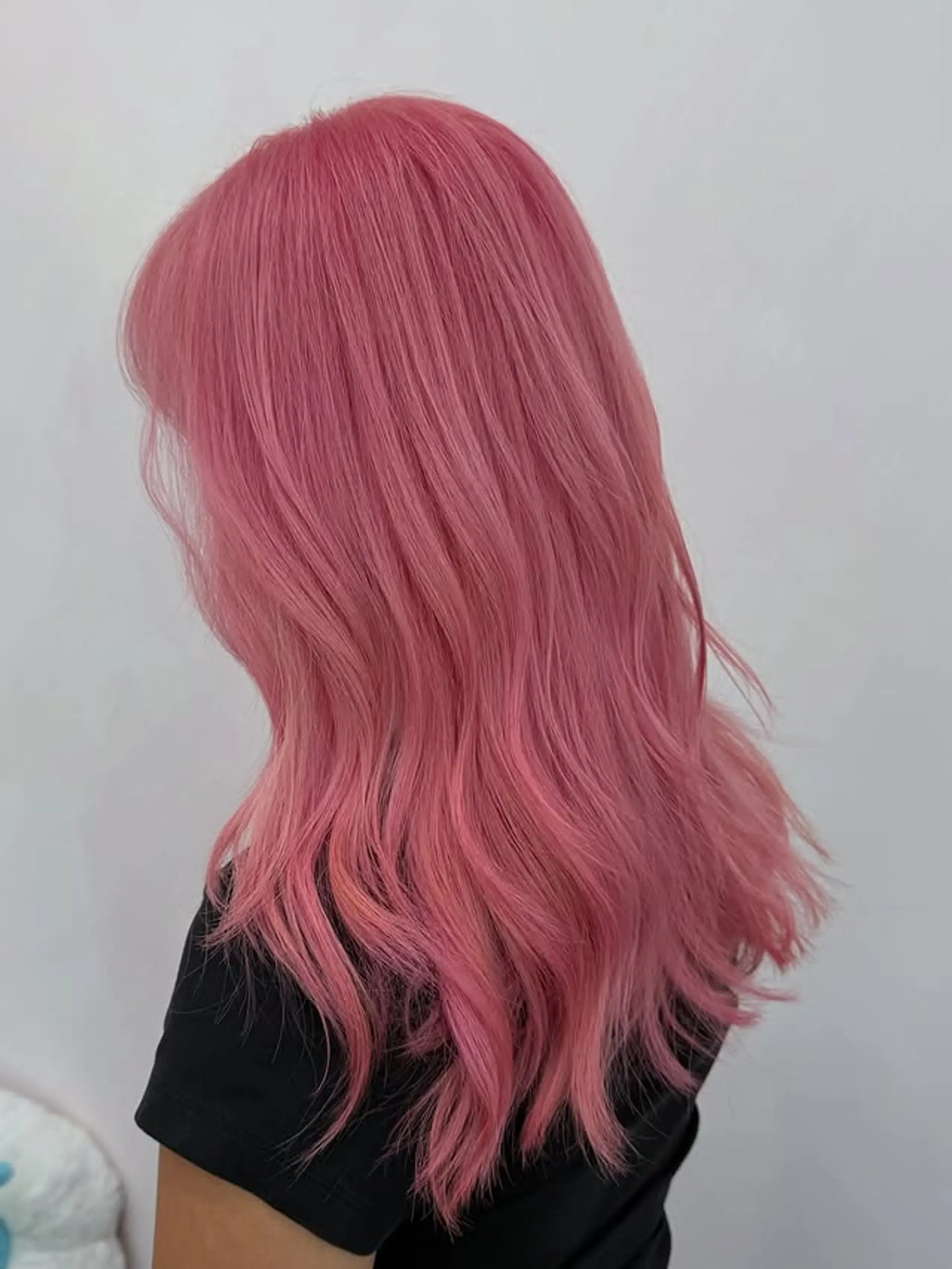 Medium-length wavy hair styled in a vibrant, full-coverage cotton candy pink color, creating a bold and playful look. 1