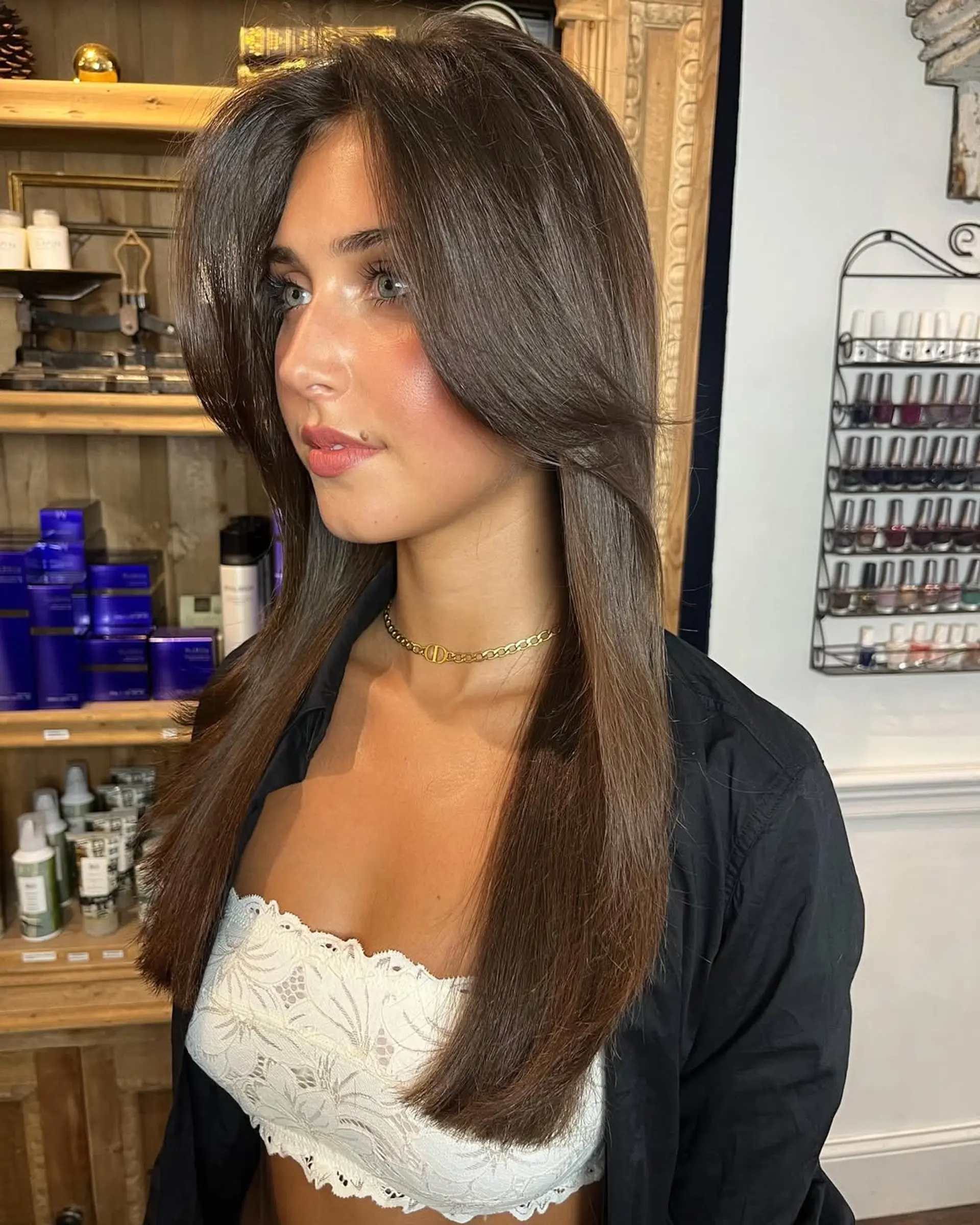 Long, chestnut brown straight hair with a middle part, featuring face-framing layers and a glossy finish. 1