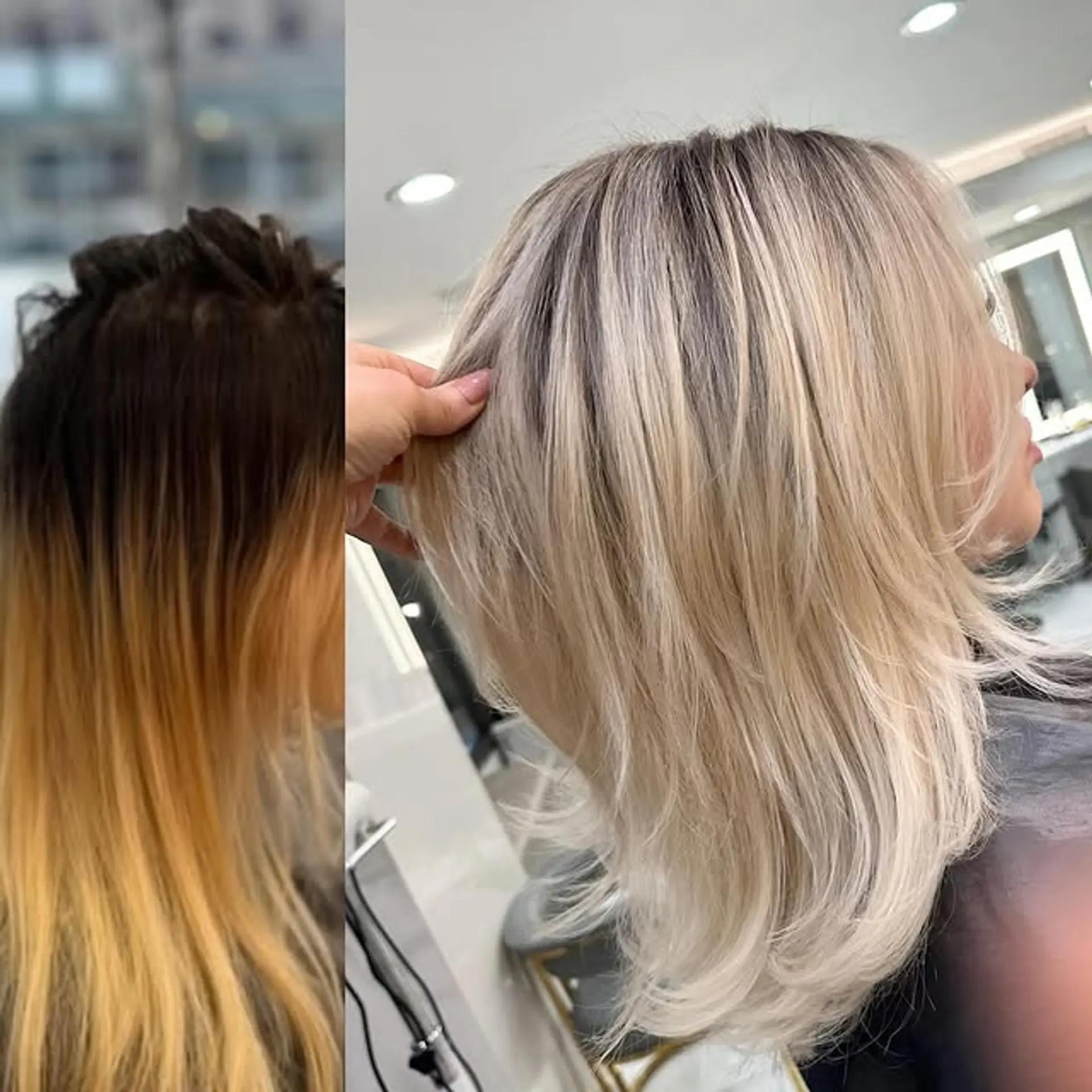 A layered lob with icy blonde tones and dark roots for a trendy, dimensional look. 1