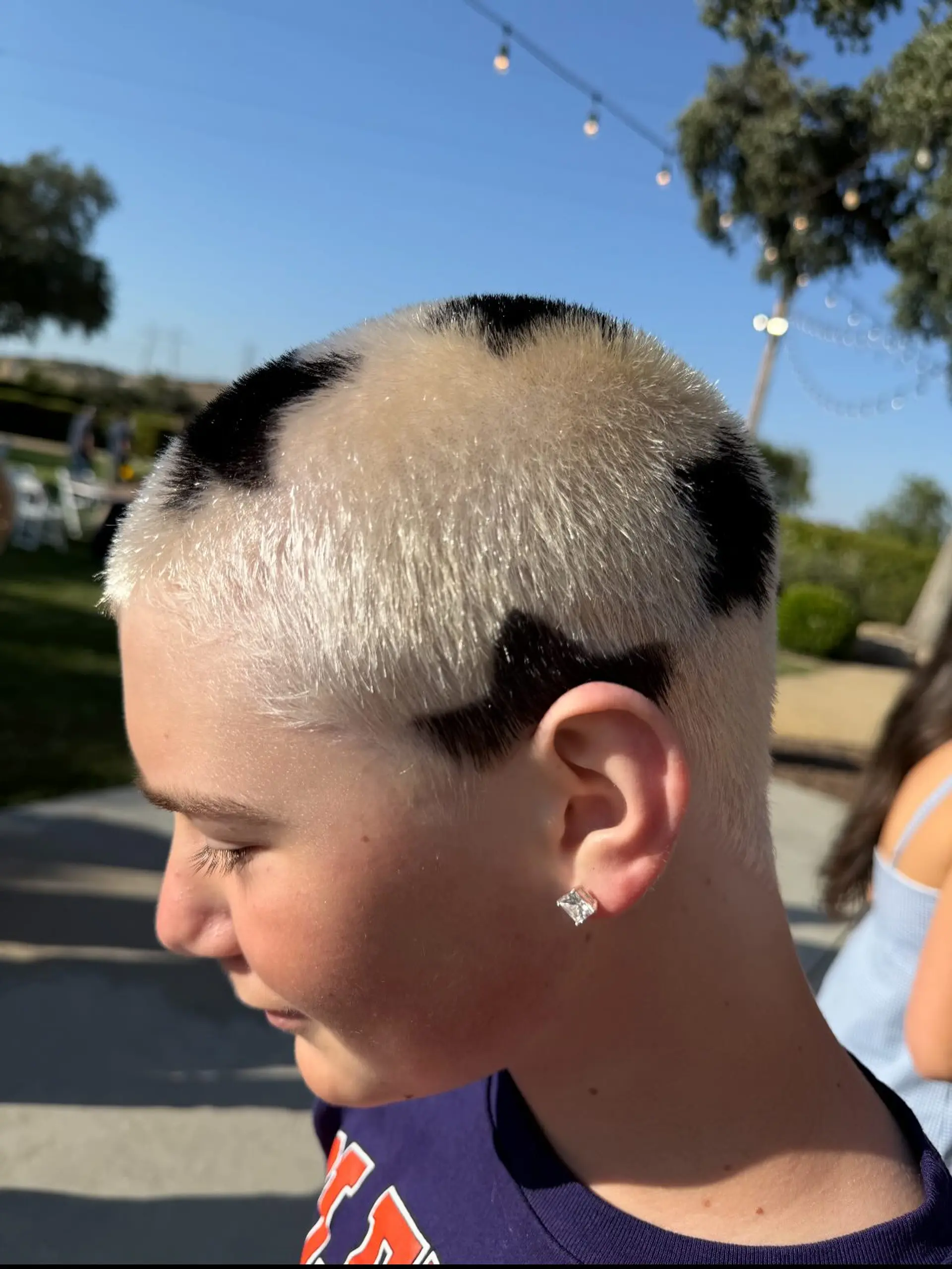 A close buzz cut bleached to a platinum blonde base accented with sharp, dyed black star patterns. 1