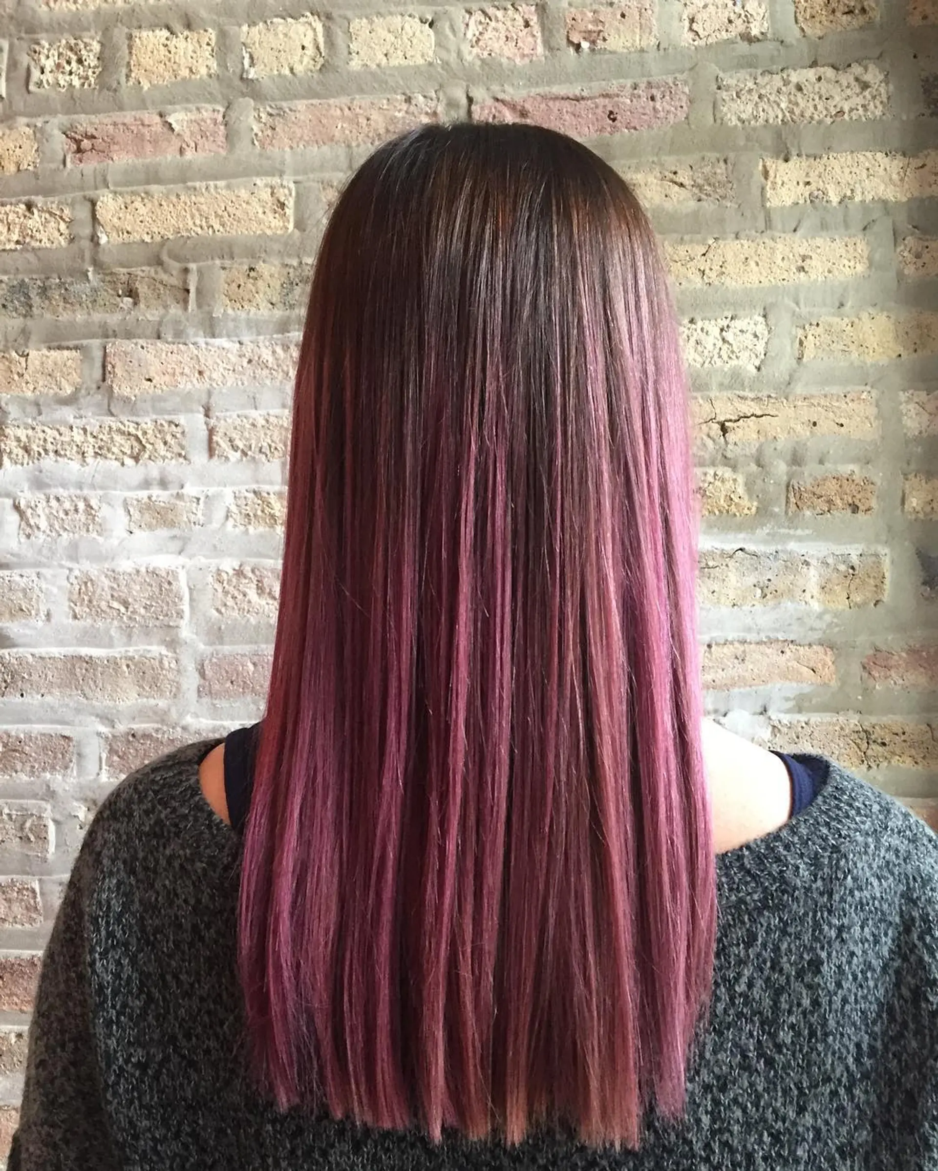Long straight hair with a bold burgundy ombre. 1