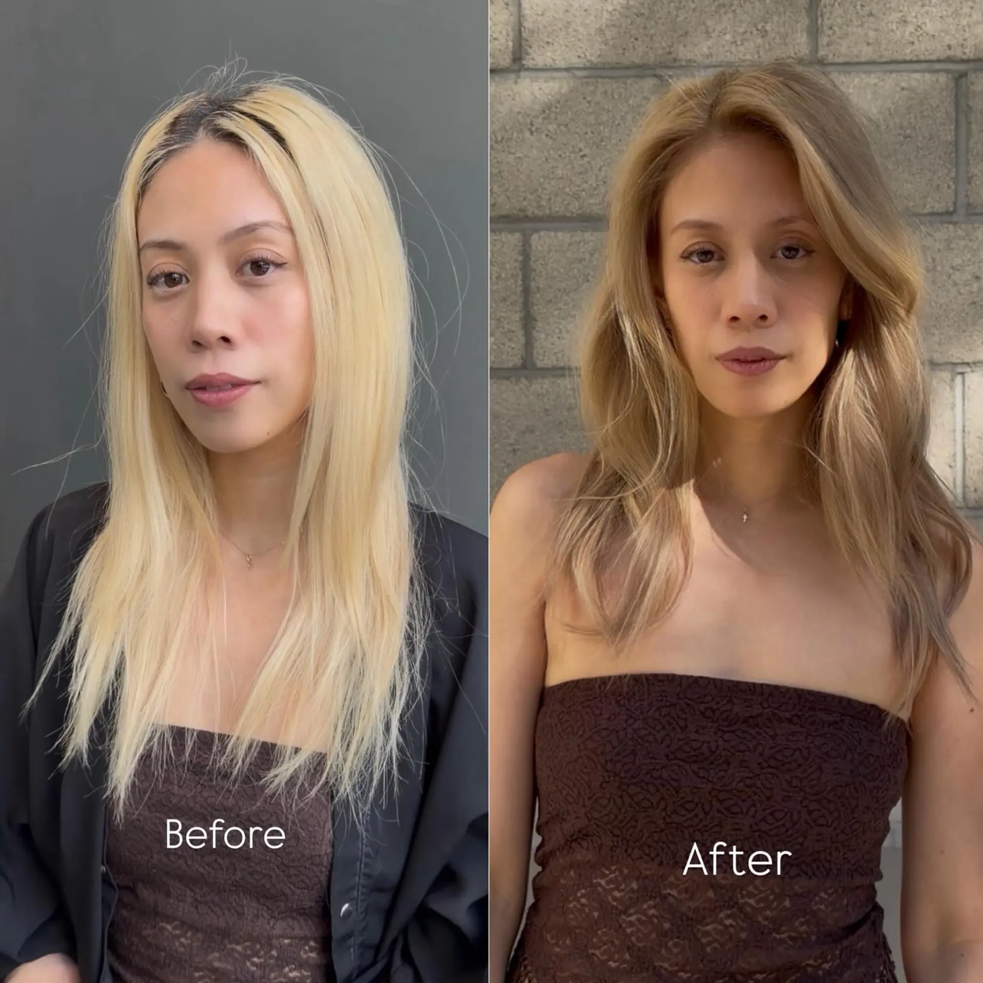 Medium-length dimensional bronde color transformation styled with soft layers and face-framing volume. 1