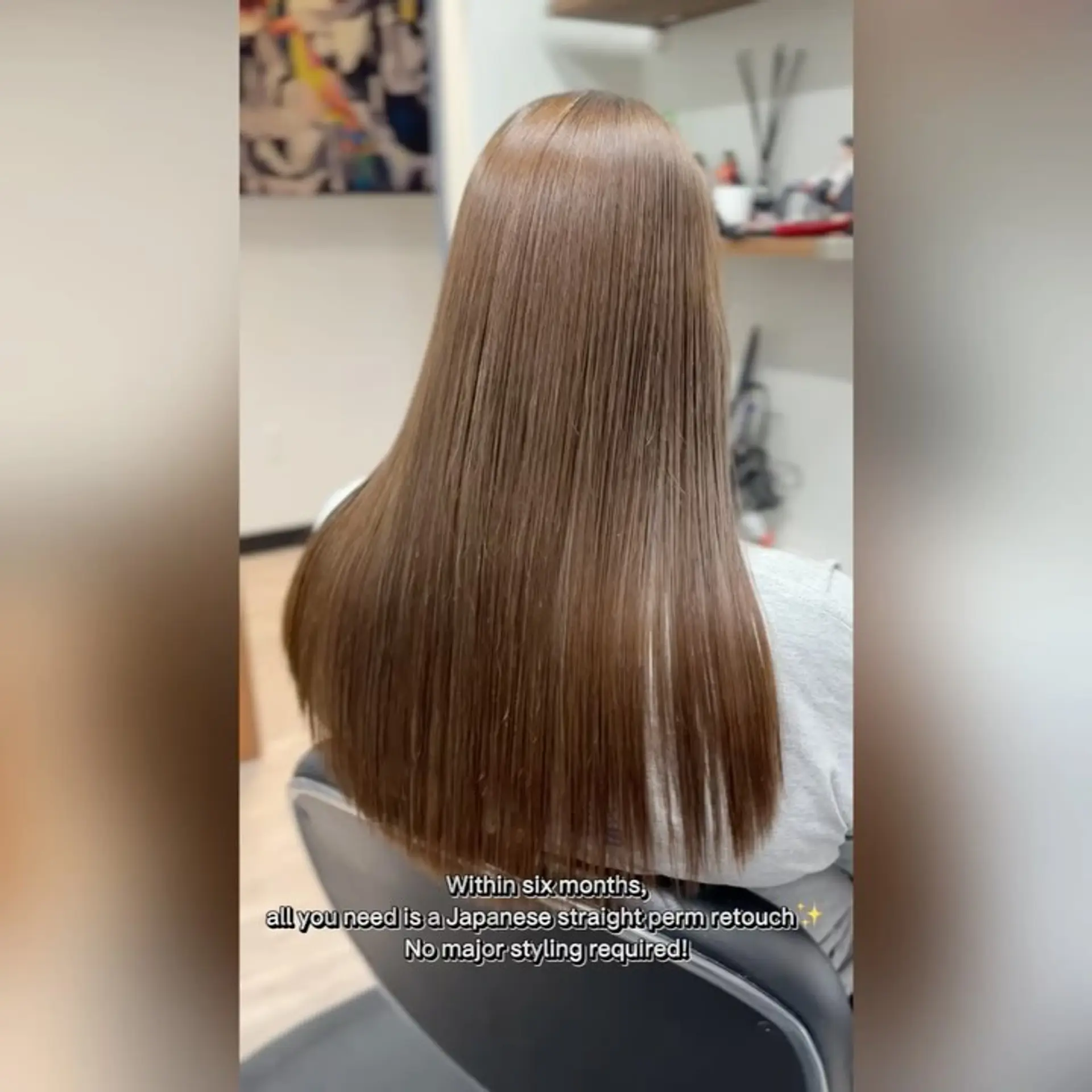 Ultra-sleek, glossy long hair achieved through a Japanese straight perm, falling smoothly down the back. 1