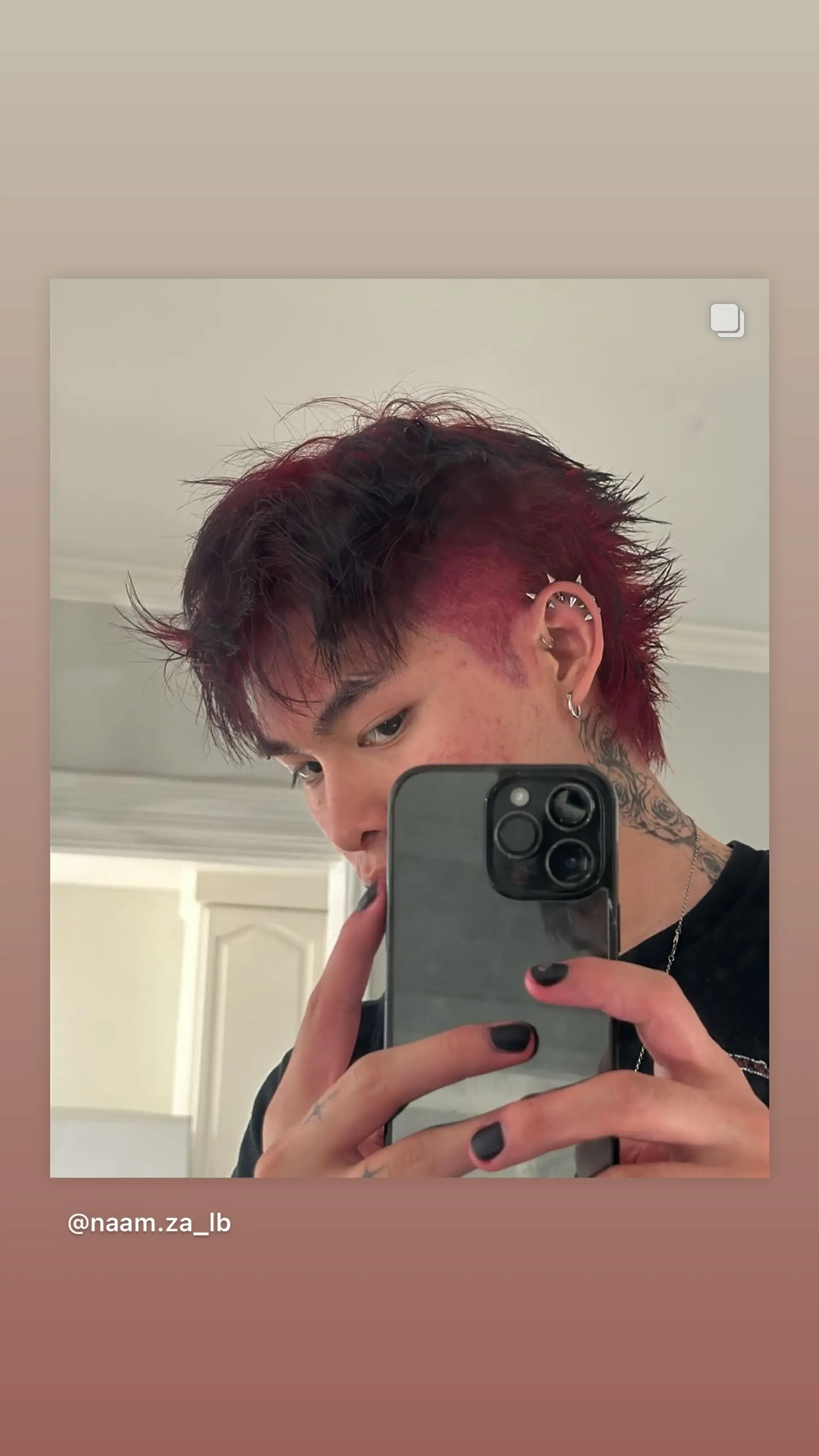 A modern take on the classic mullet, featuring textured layers and bold burgundy highlights. 1