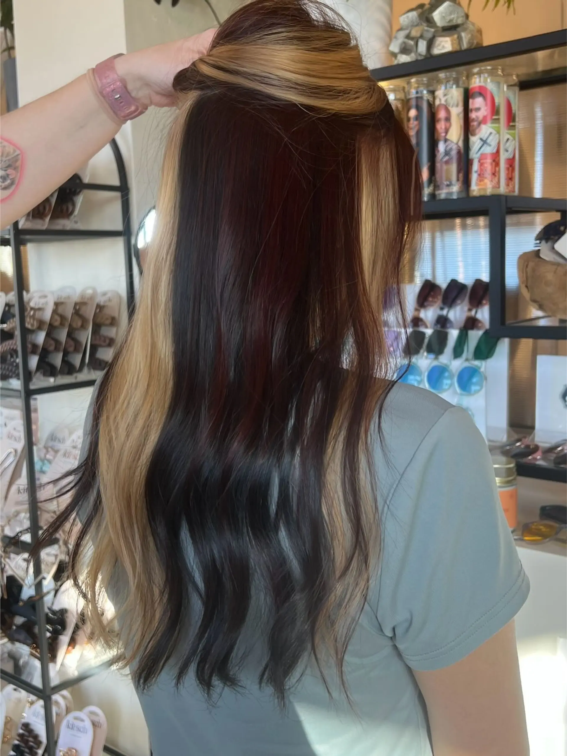Long hair featuring a multi-tonal 'calico' color block design with blonde, deep brown, and rich auburn sections. 1