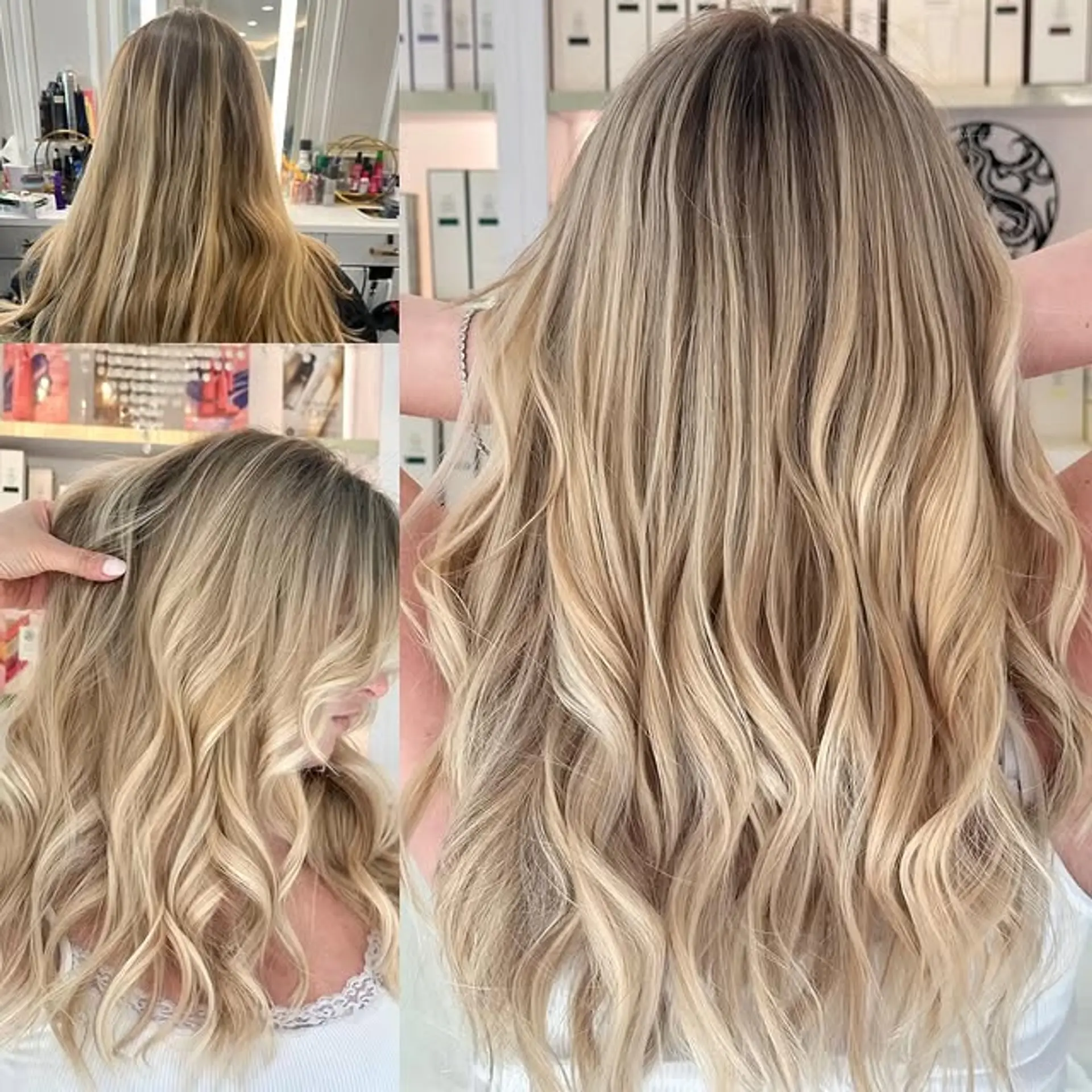 A long, wavy balayage style with dark roots that transition into ash and icy blonde tones. 1