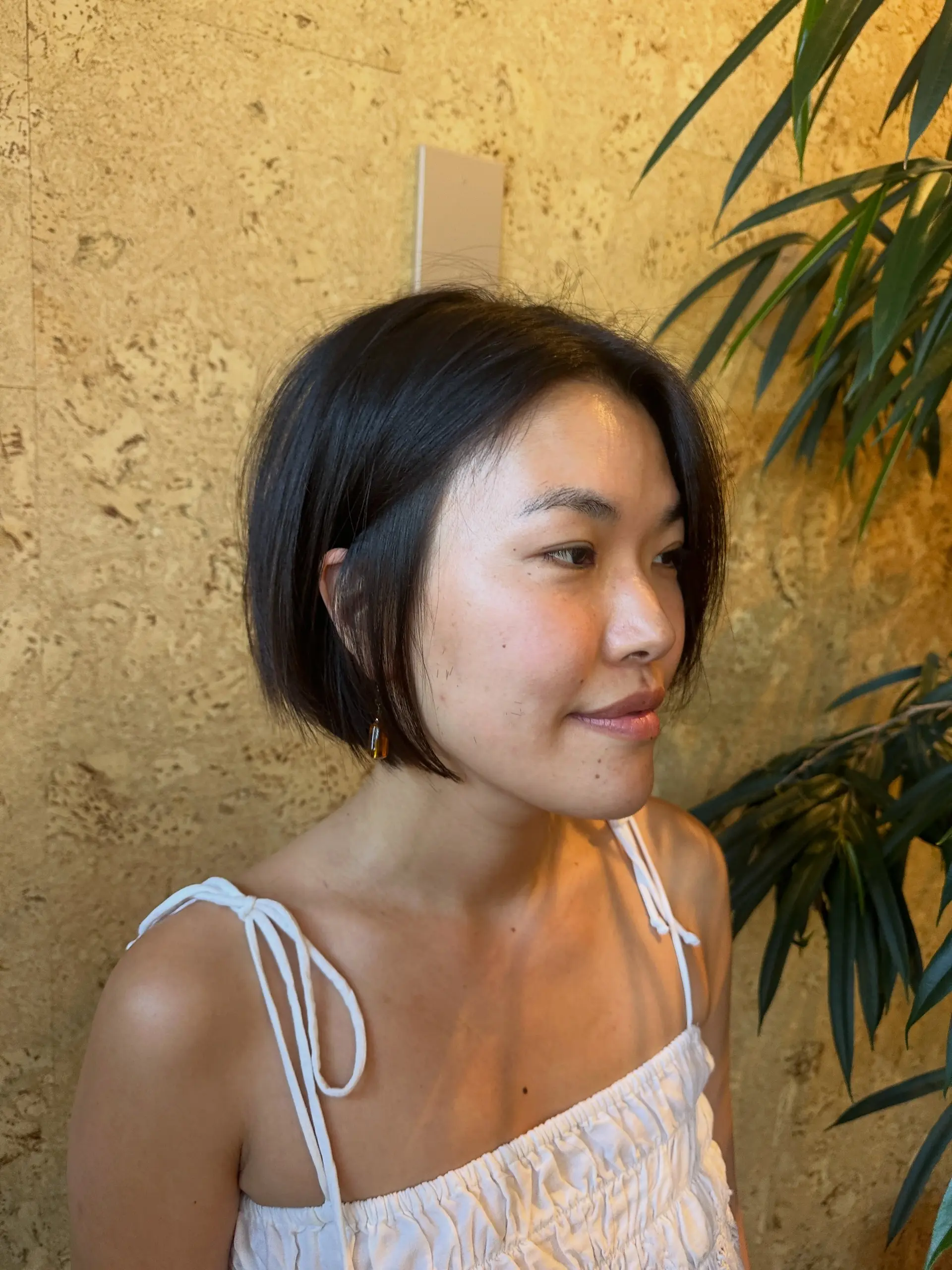 A sleek, chin-length short dark bob cut with a clean edge and middle part. 1