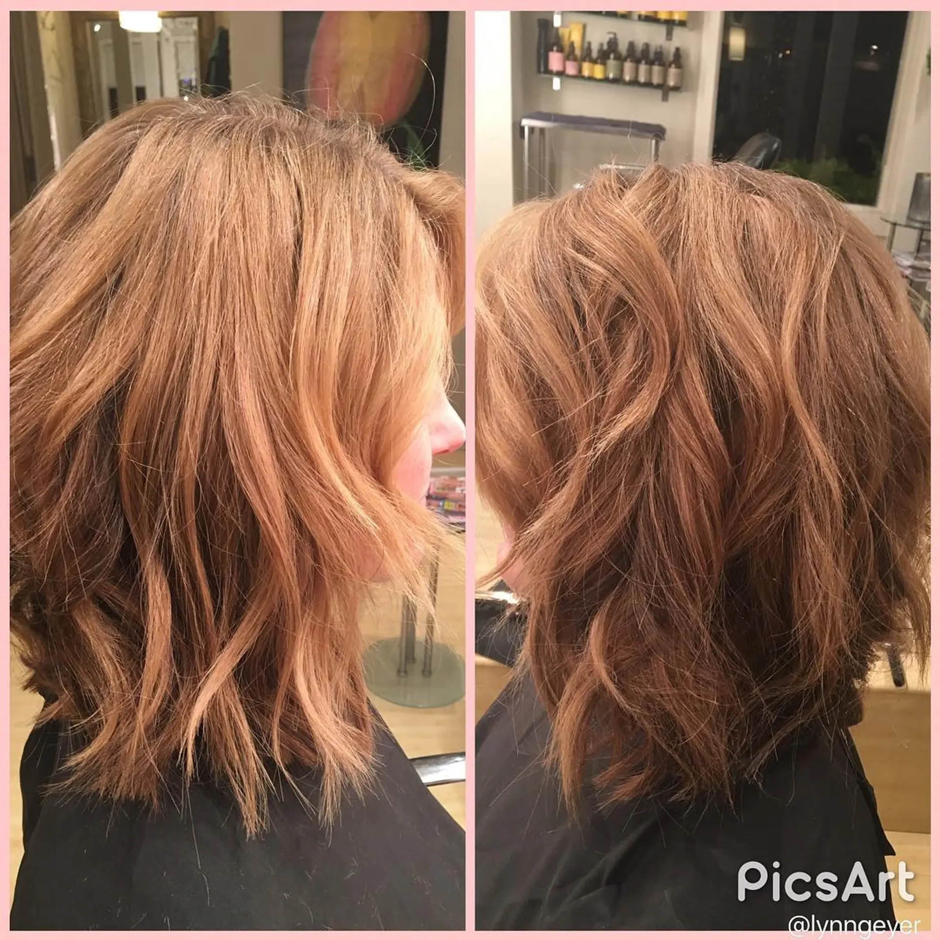 A textured collarbone-length lob styled with loose, dimensional waves and warm honey-blonde highlights. 1