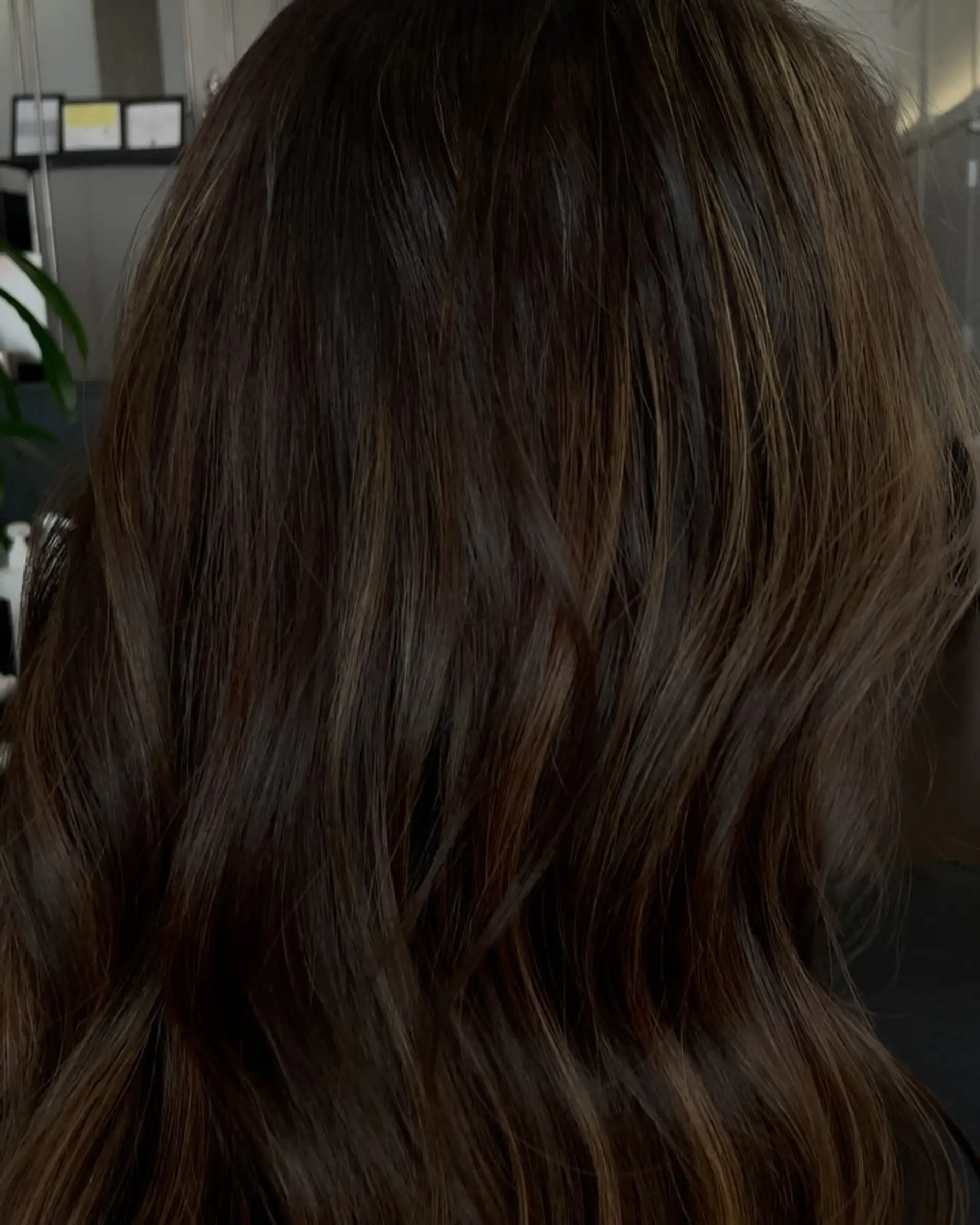 Rich chocolate brown hair styled with soft, subtle dimension and natural lived-in waves. 1
