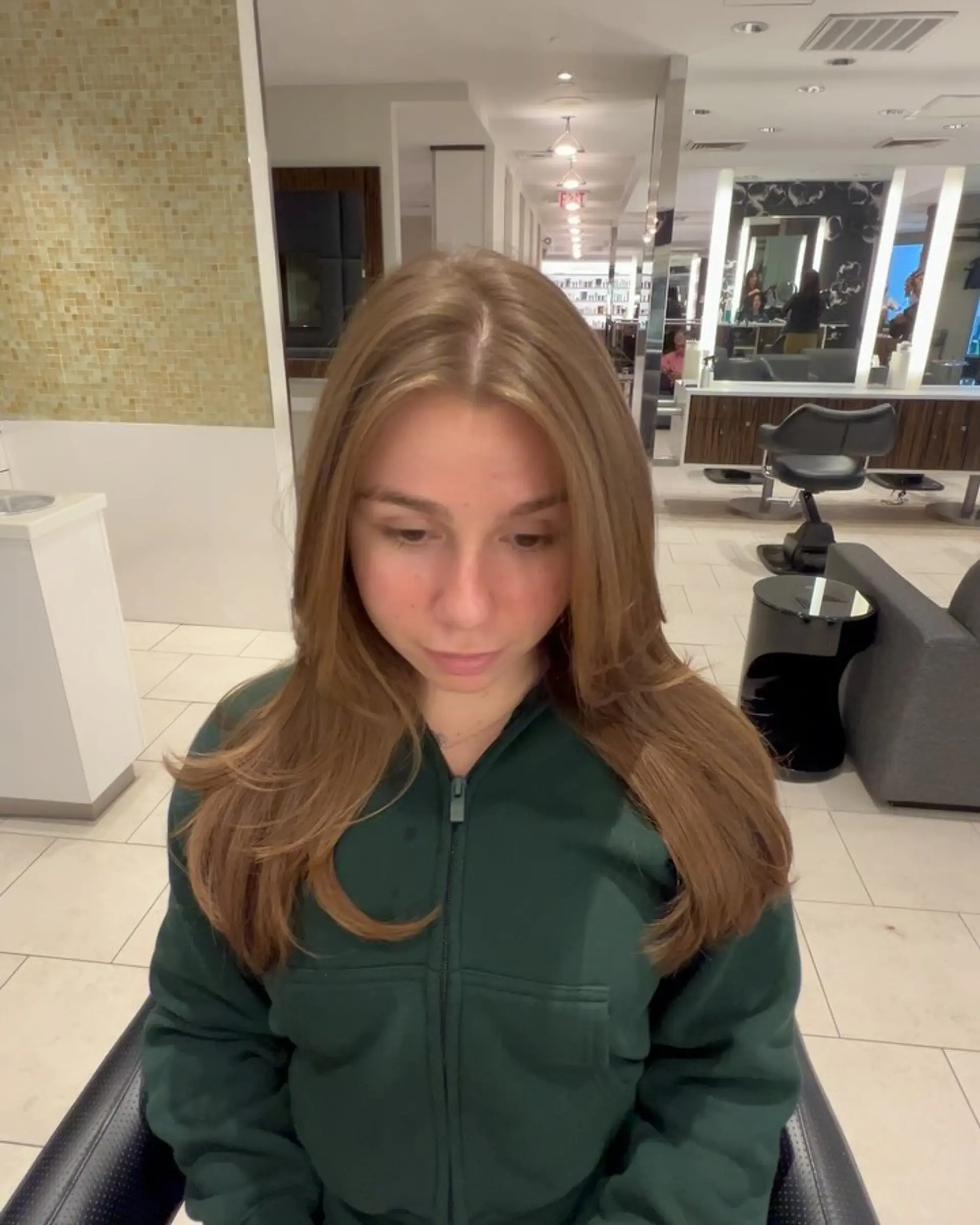 Long light brown hair cut with soft face-framing layers and styled with a smooth, voluminous blowout. 1