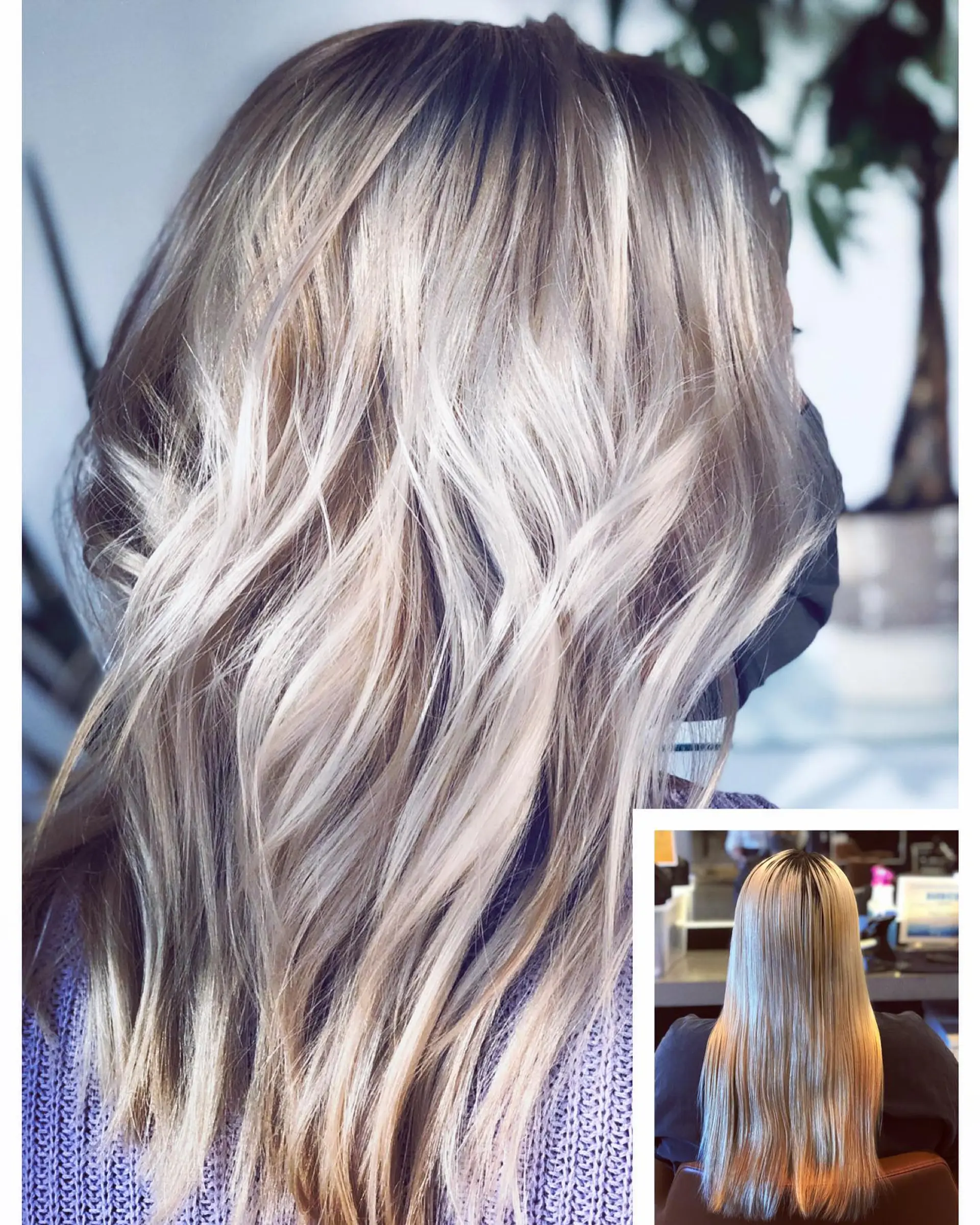 Medium-length bright dimensional blonde styled into loose, textured beach waves. 1