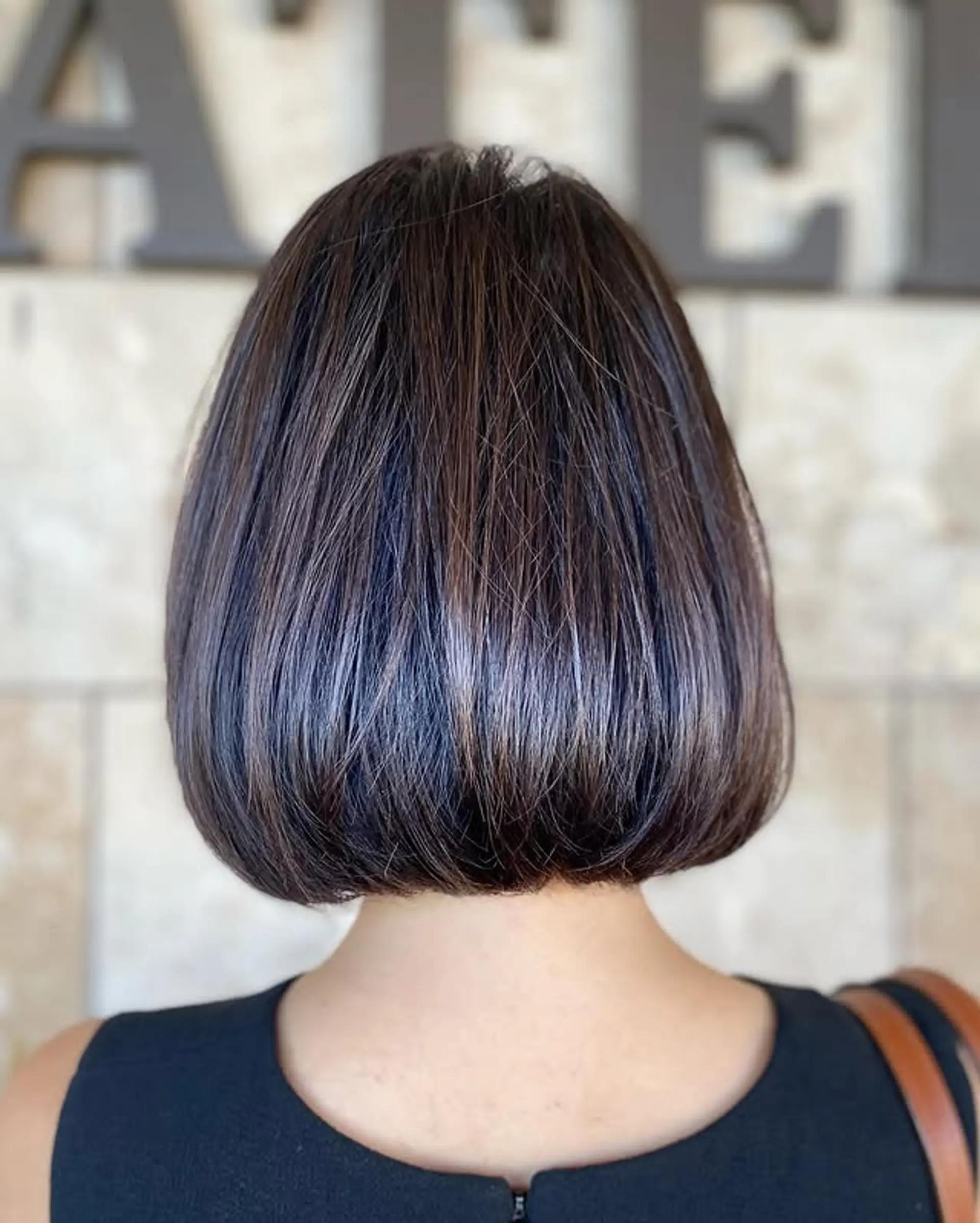 A classic, sleek brunette bob with subtle highlights for a sophisticated look. 1