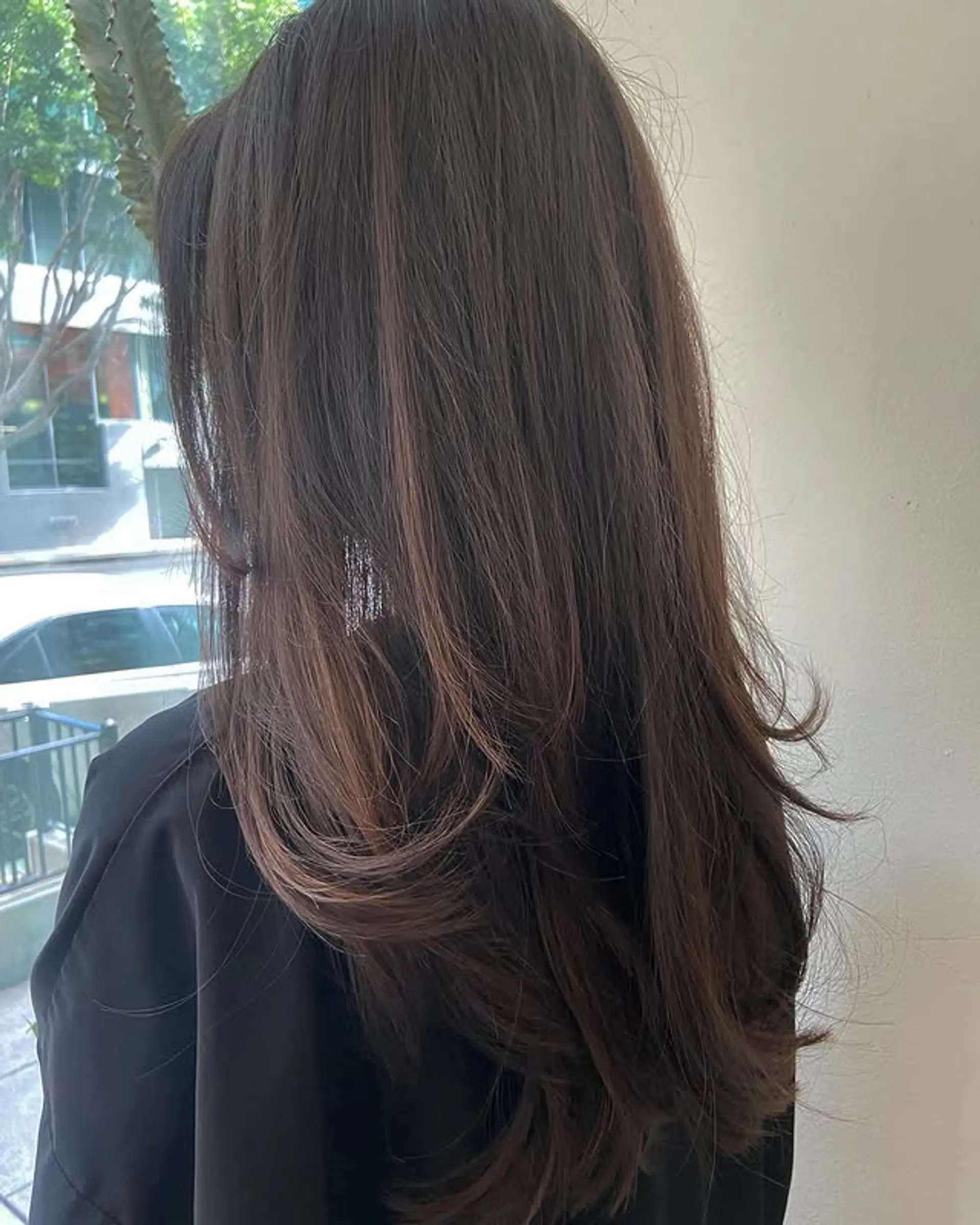 Long, layered haircut with face-framing layers. 1