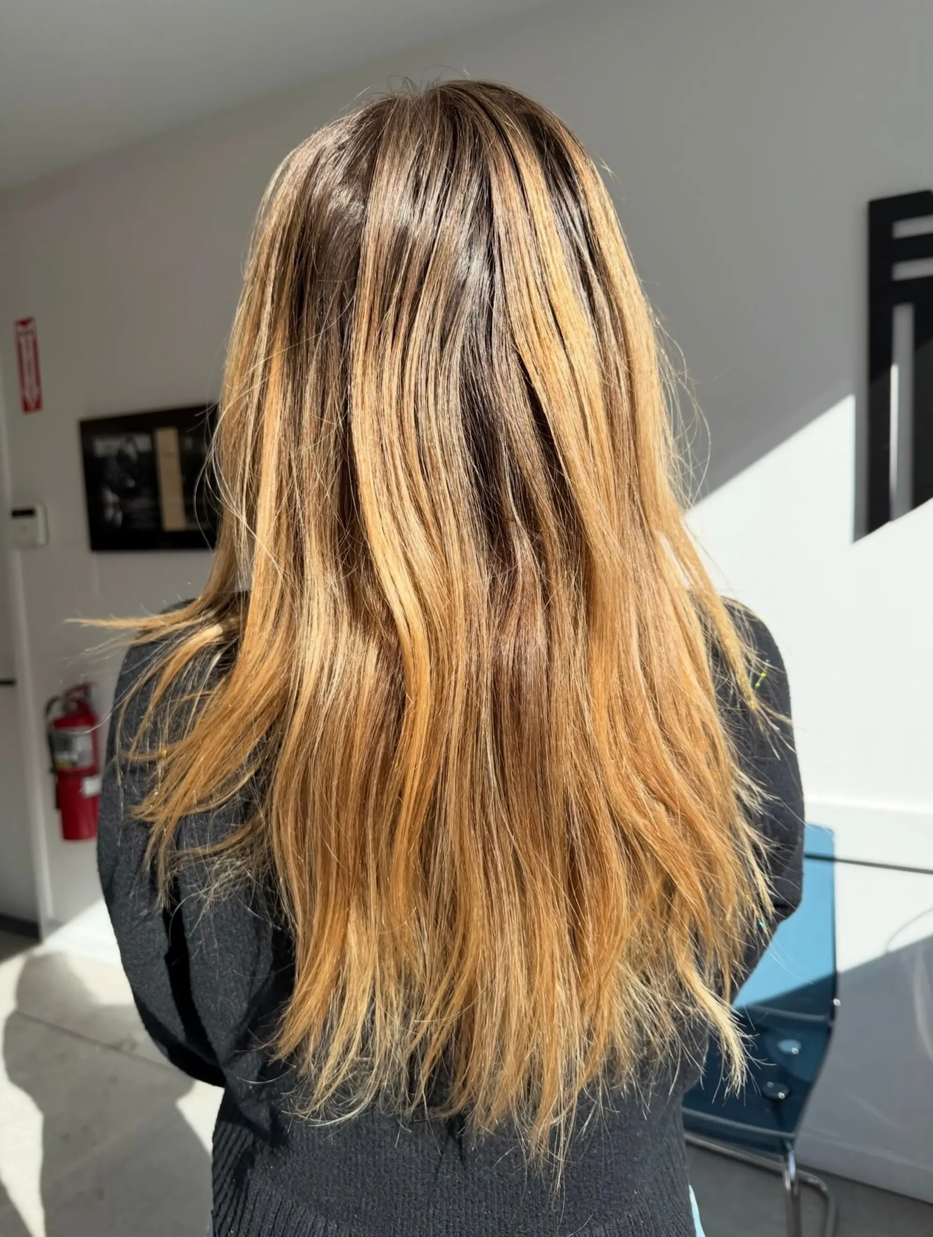 Long layered haircut styled straight with warm golden blonde highlights. 1