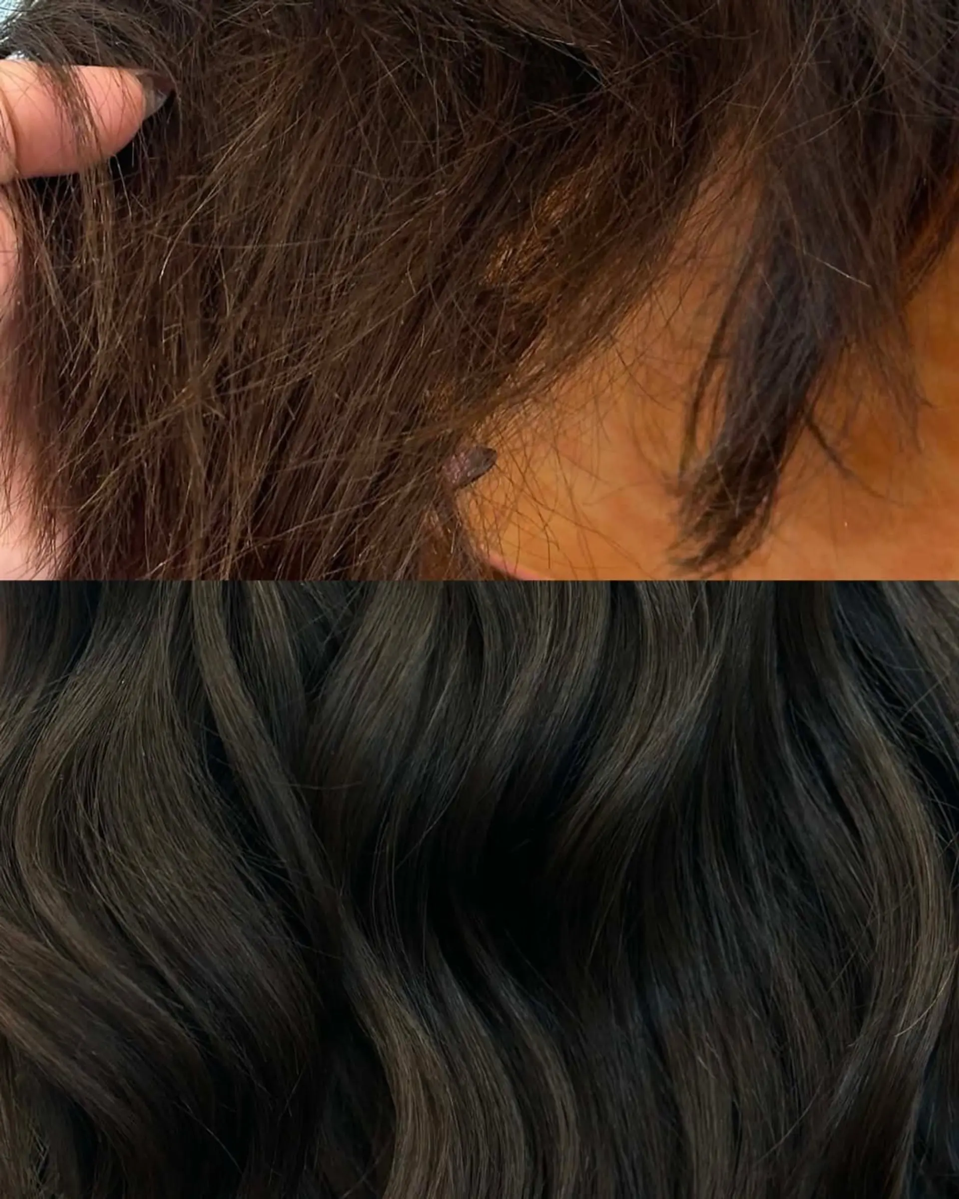 A before-and-after view showing dry, frizzy ends refreshed into smooth, deeply hydrated, rich brunette waves. 1
