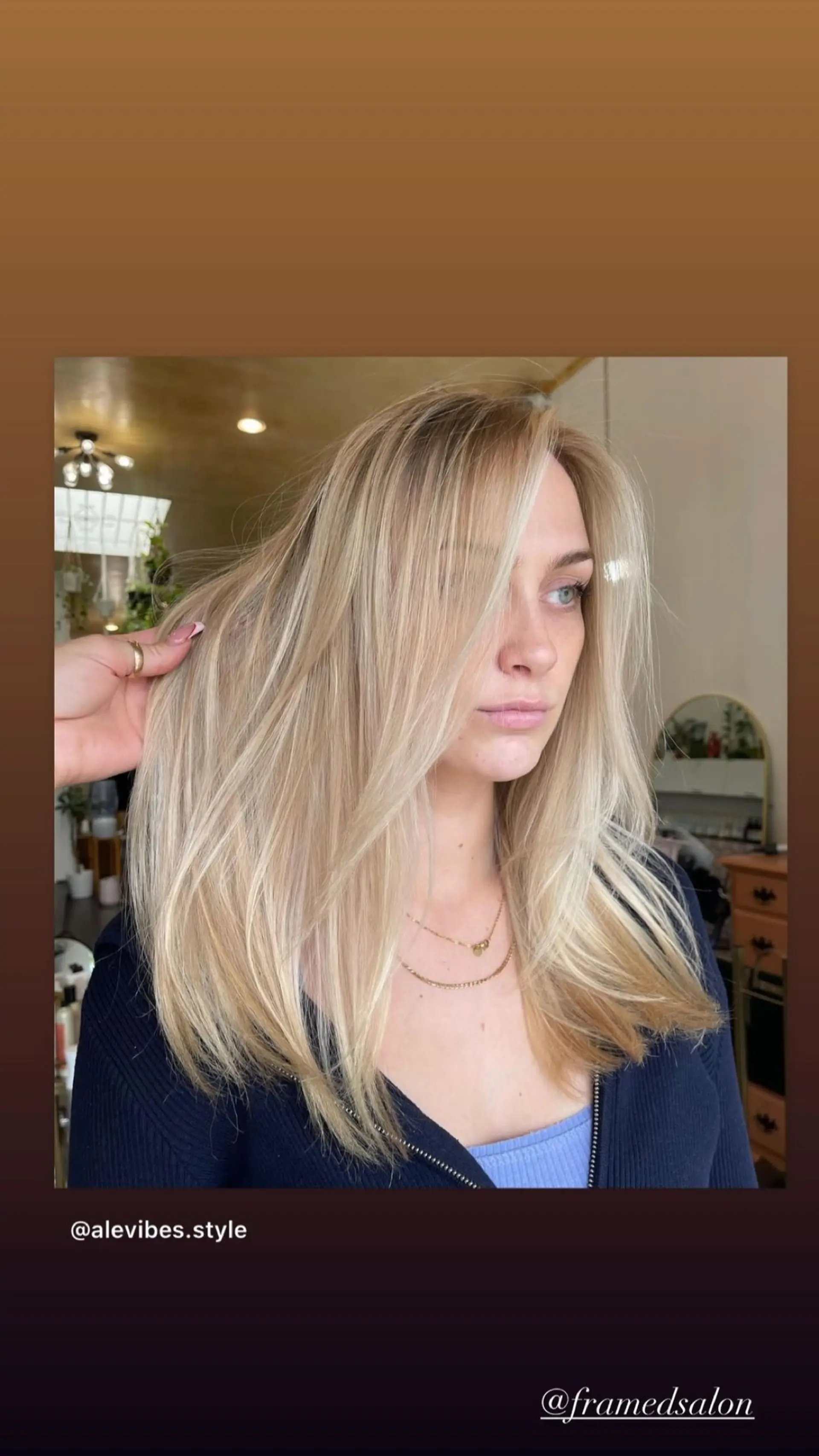 A layered haircut with a buttery blonde color. 1