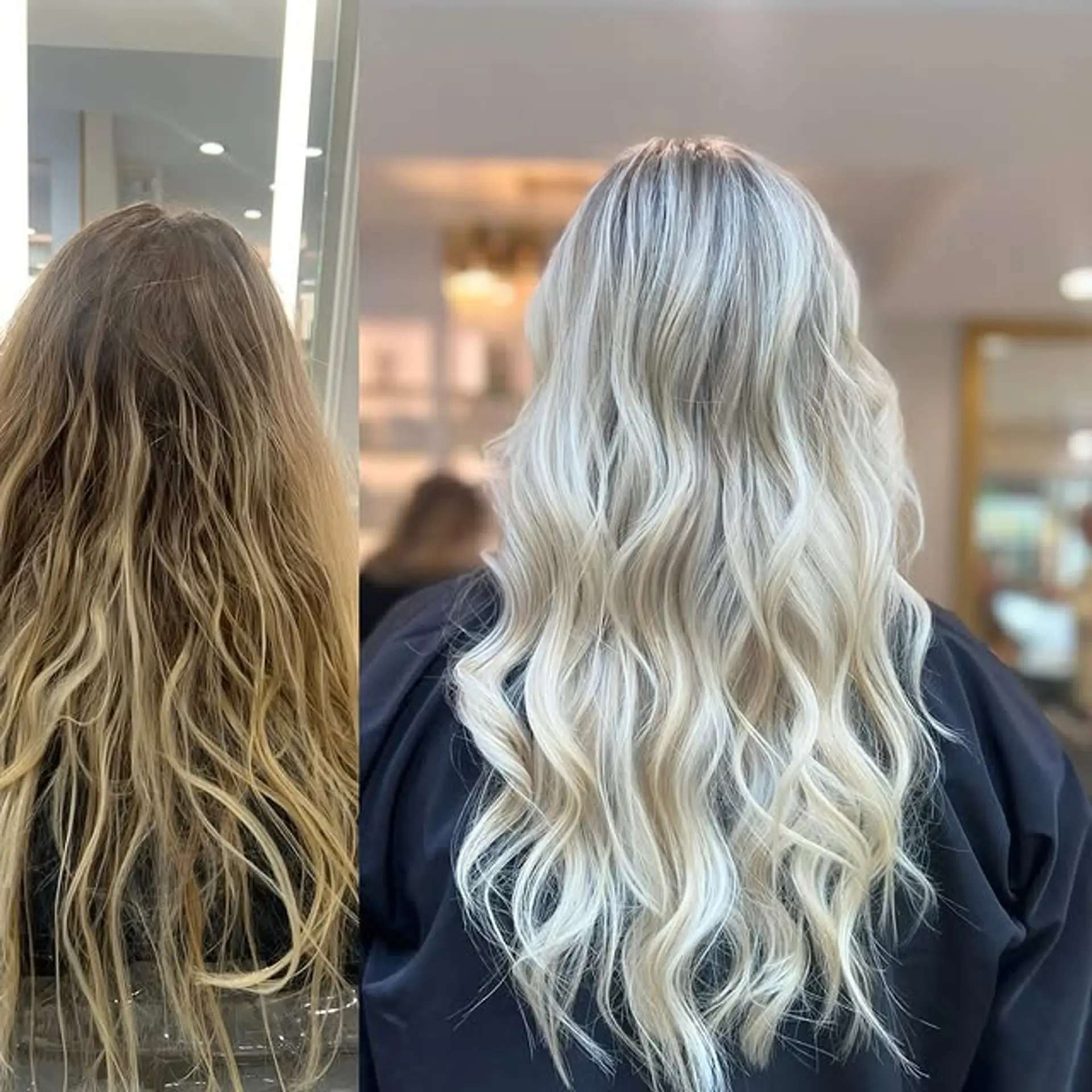 Long, wavy hairstyle with a platinum ash blonde color achieved through balayage. 1