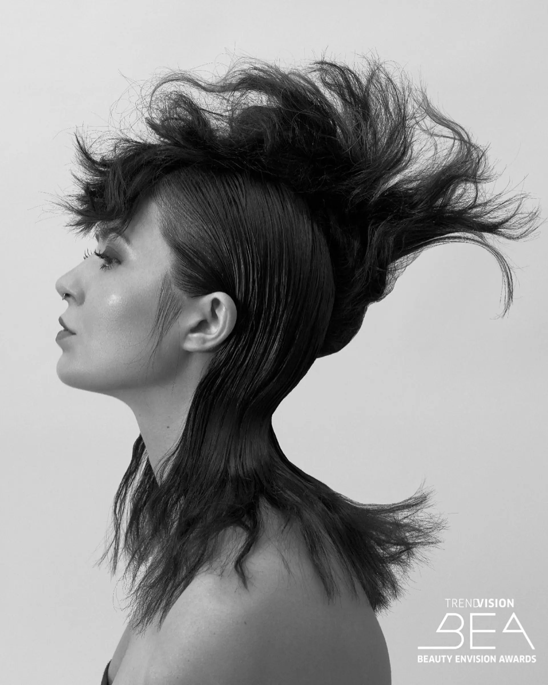 An avant-garde editorial mullet featuring sleek side profiles contrasting with dynamic, windswept texture through the crown and flared ends. 1