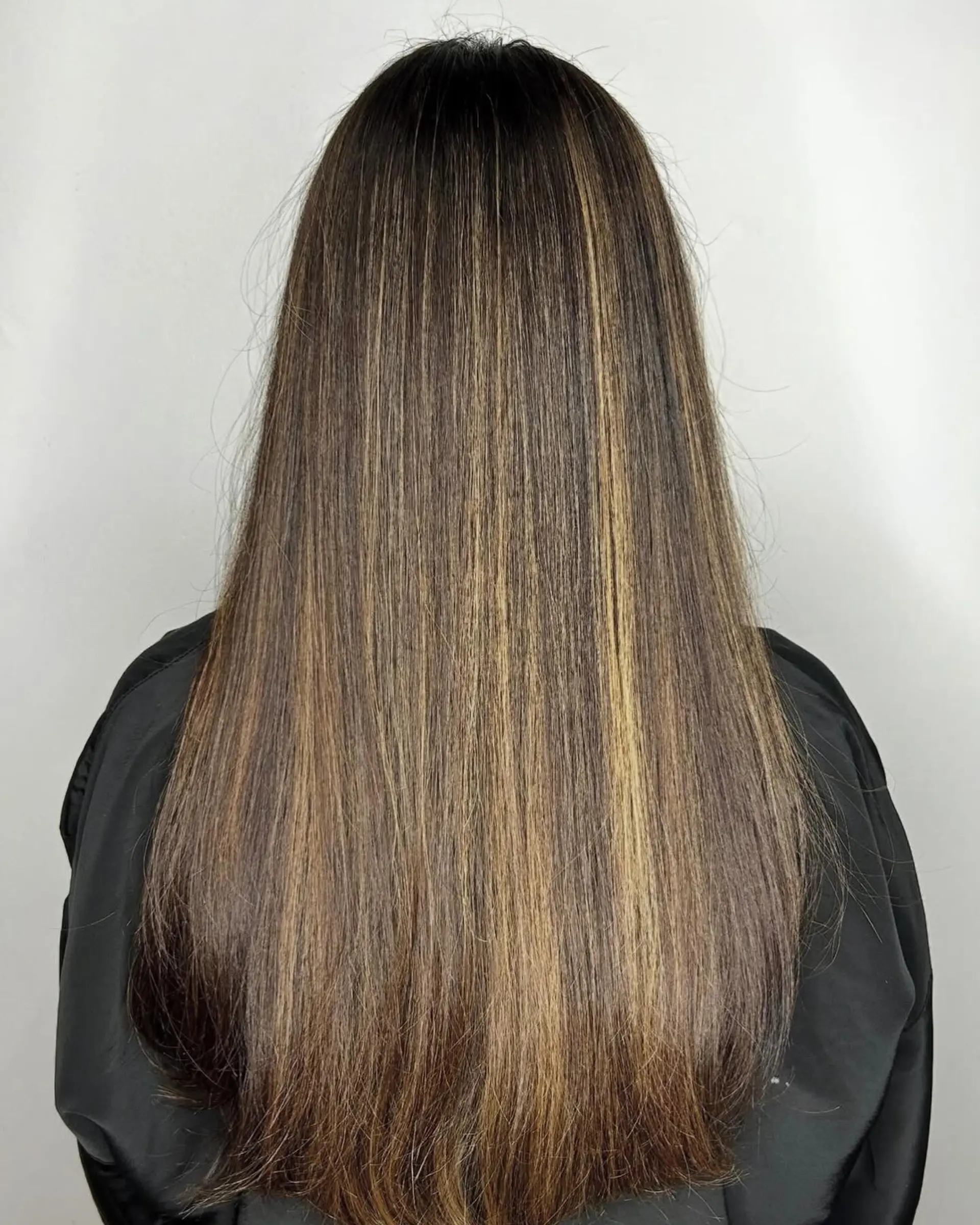 Long, sleek straight dark hair featuring fine, dimensional caramel and golden blonde highlights. 1